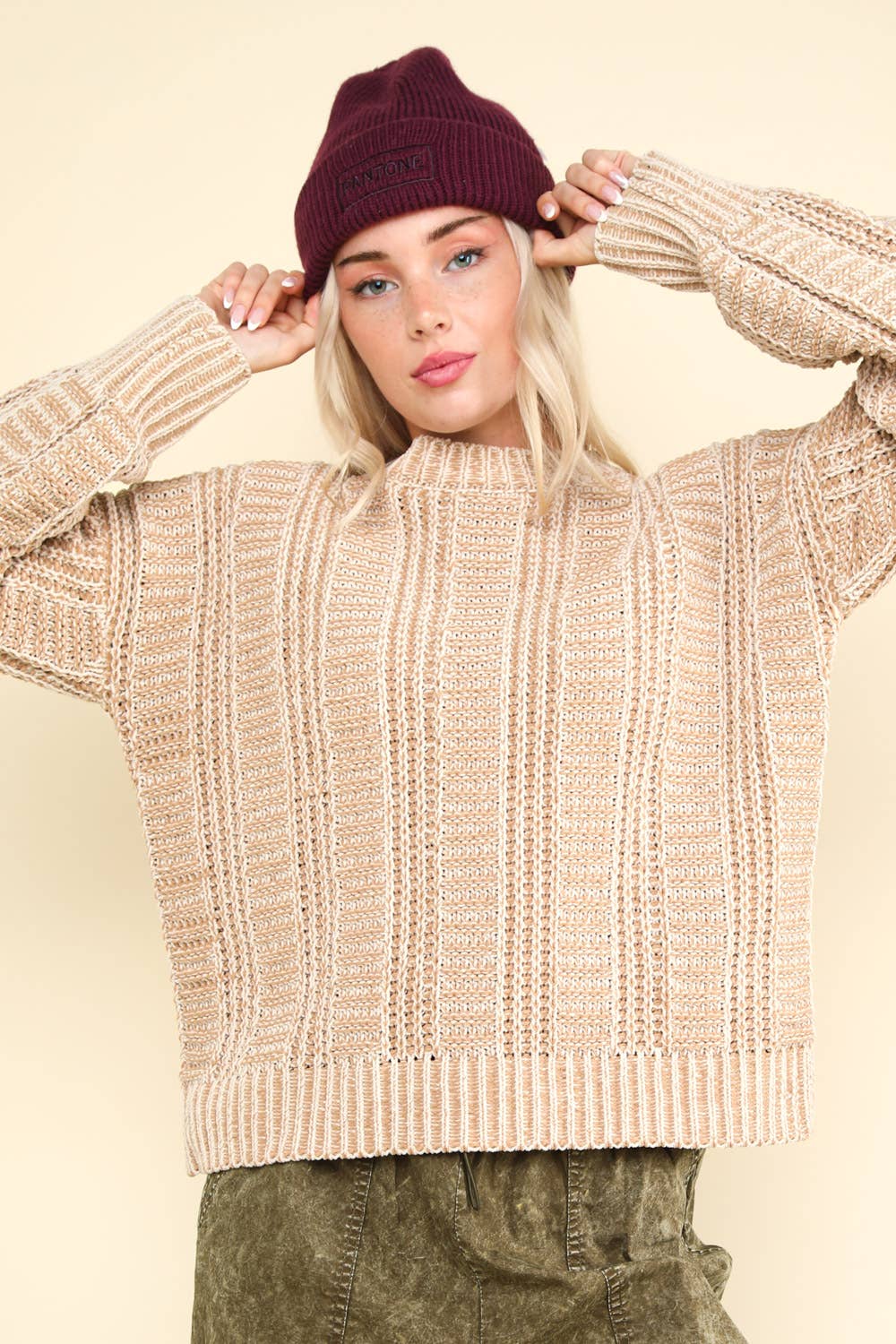 12W3096N-Two Tone Cozy Sweater Knit Top: Red / S-M-L/2-2-2
