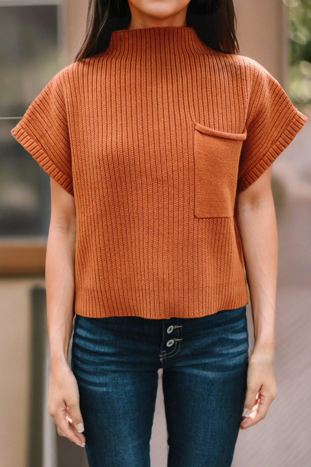 Patch Pocket Ribbed Knit Short Sleeve Sweater/Multicolor: M / Black