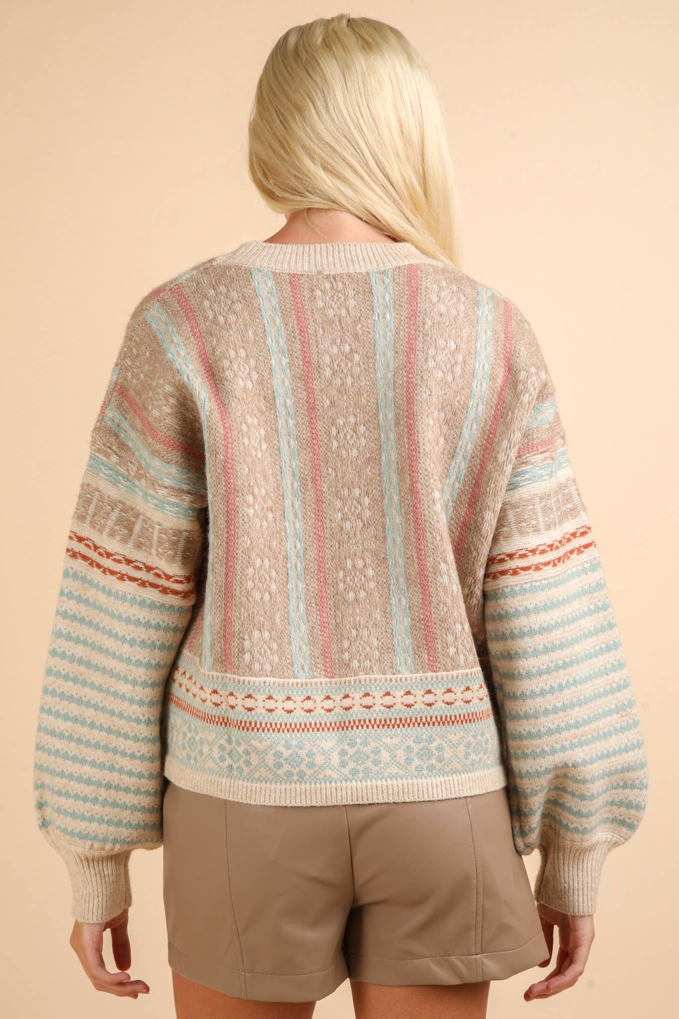 12W3239N-Oversized Cozy Printed Knit Sweater Top: SAGE MIX / S-M-L/2-2-2