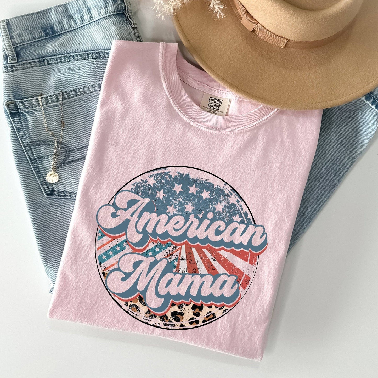 American Mama, Leopard Print, Patriotic, 4th of July Tshirt: Medium / Ivory