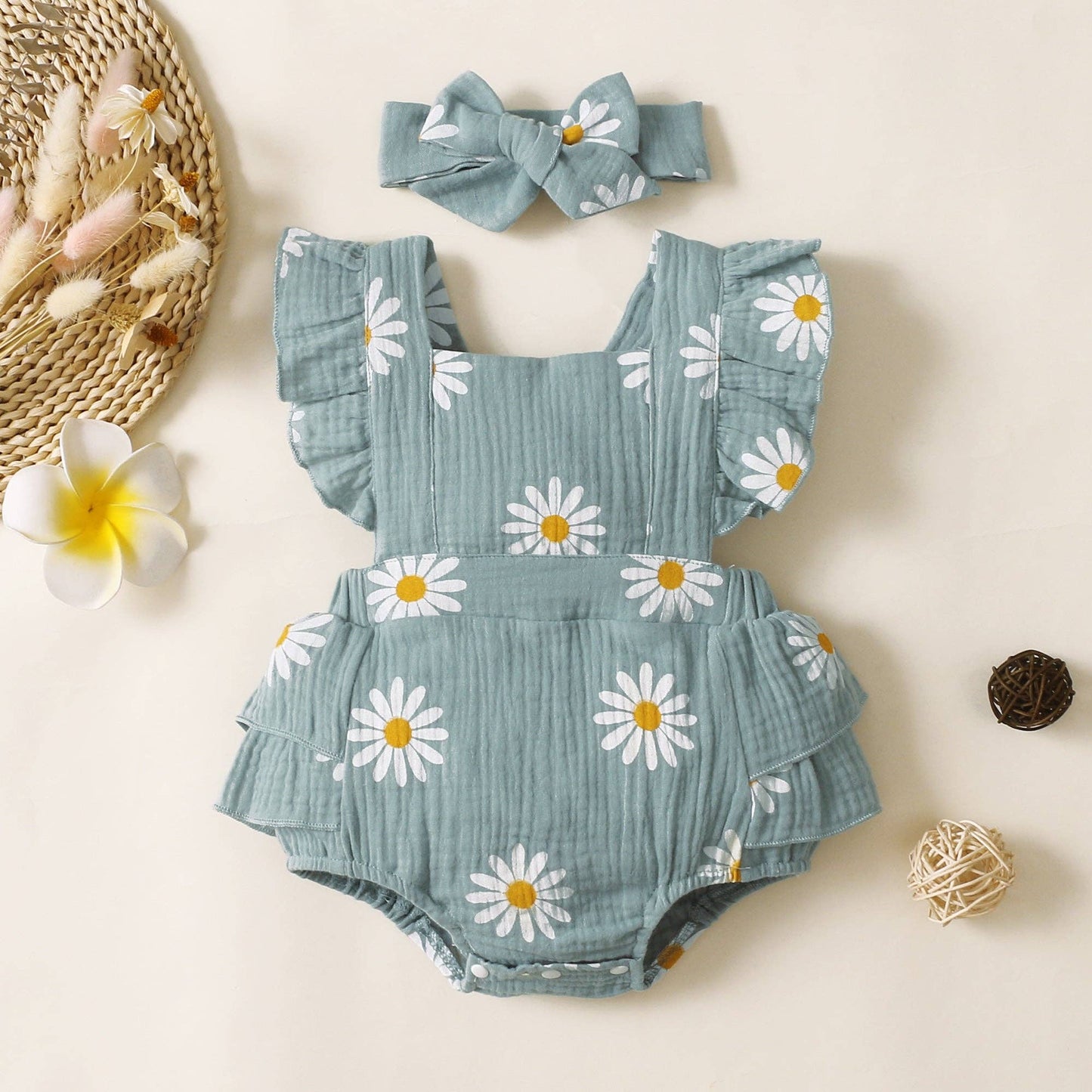 100% Cotton 2pcs Daisy Print Crepe Fabric Baby Romper Set: Pink / 3-6 Months