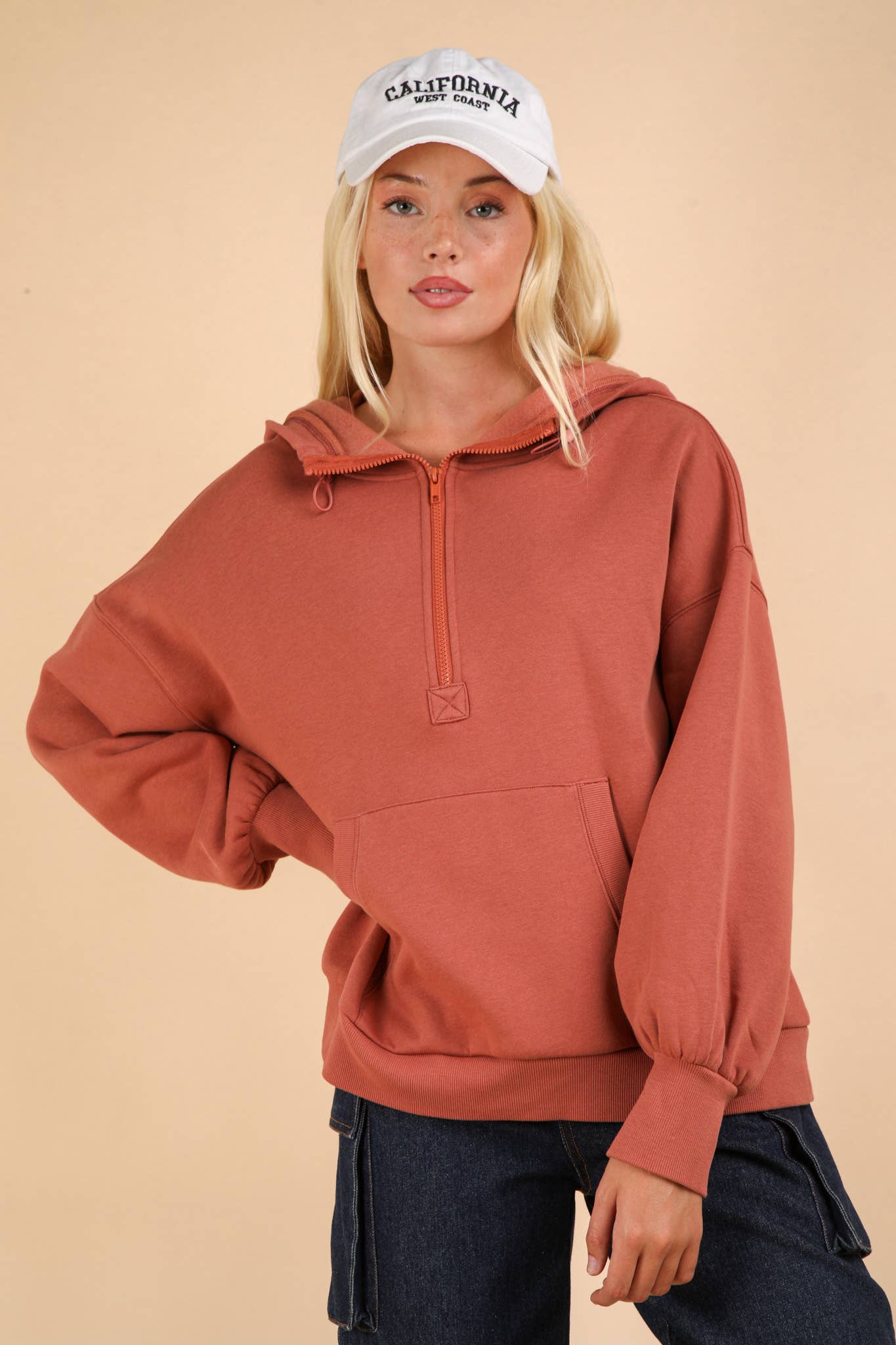 NT11897-Oversized Half Zip Up Knit Casual Hoodie Top: SAGE / S-M-L/2-2-2