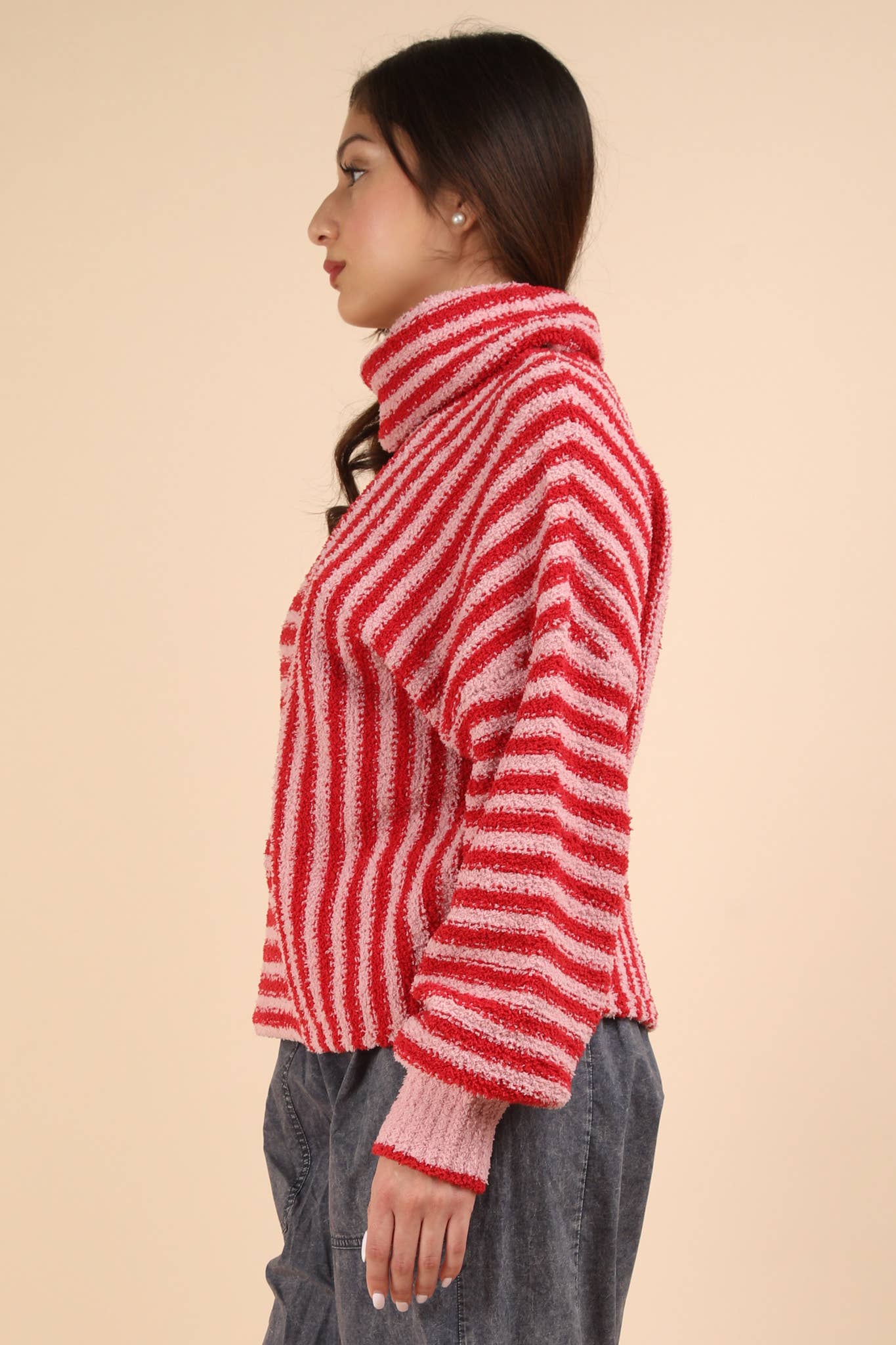 12W3186N-Mock Neck Soft Striped Knit Sweater Top: SAGE / S-M-L/2-2-2