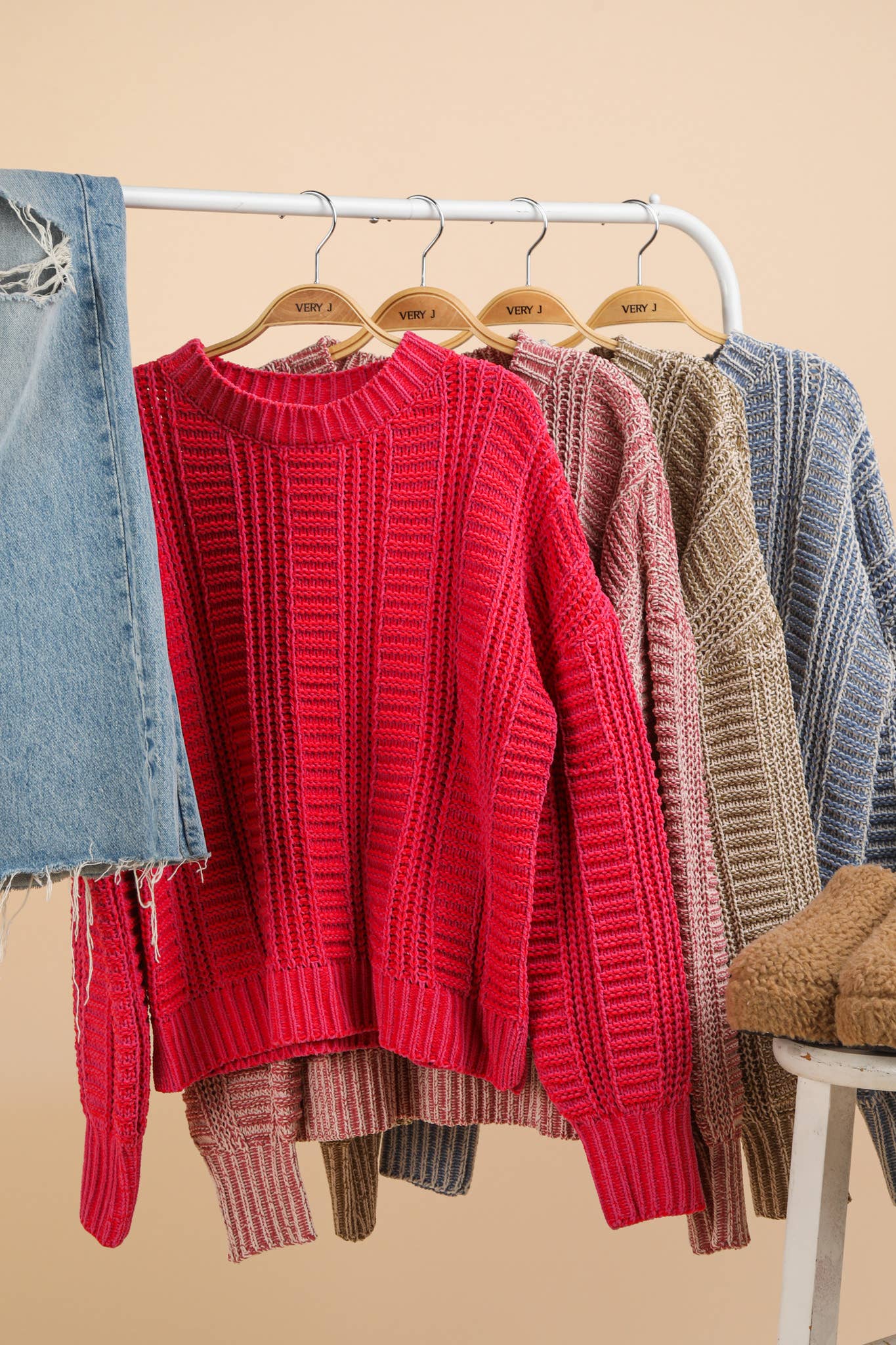 12W3096N-Two Tone Cozy Sweater Knit Top: Red / S-M-L/2-2-2