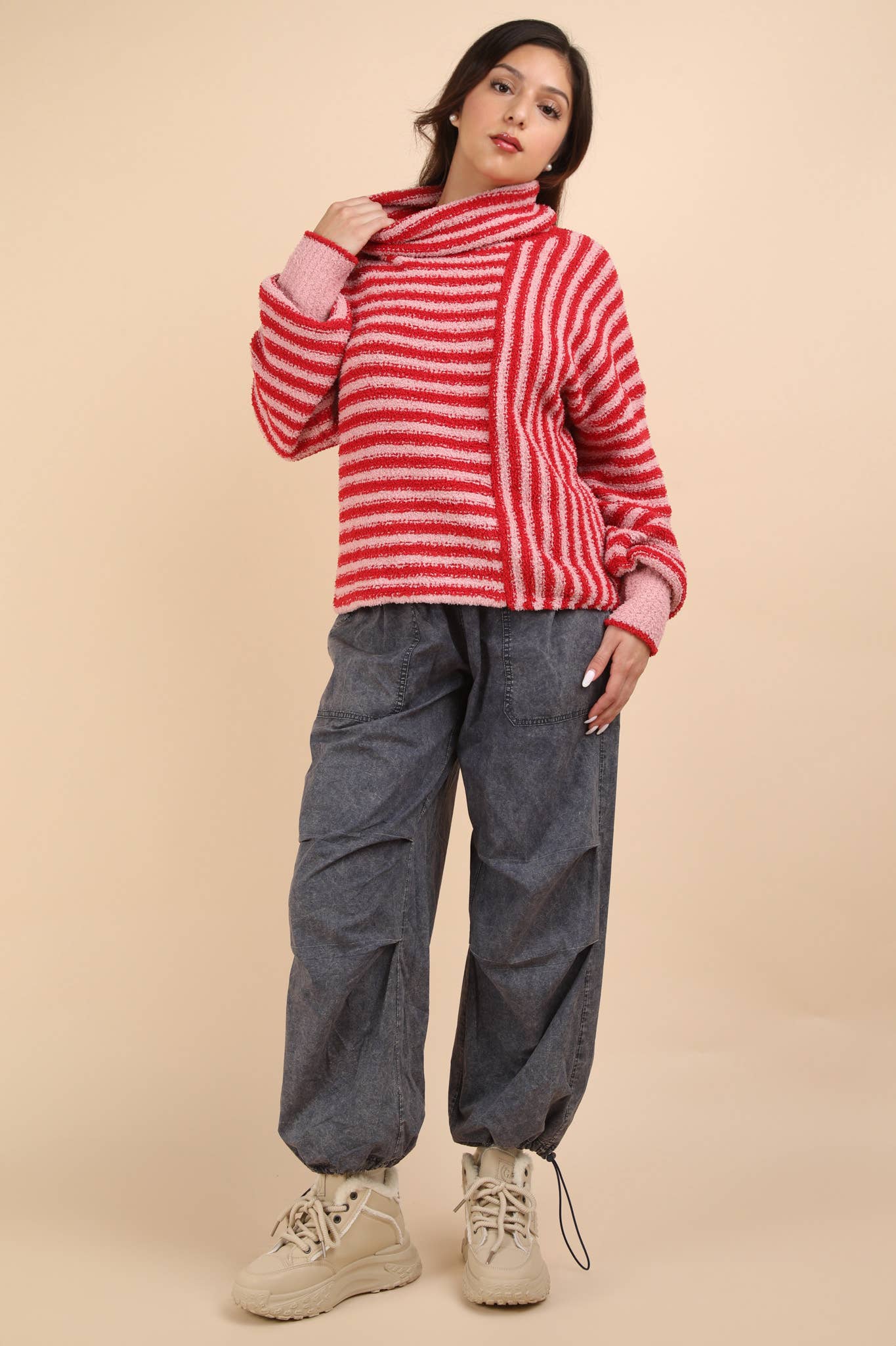 12W3186N-Mock Neck Soft Striped Knit Sweater Top: SAGE / S-M-L/2-2-2