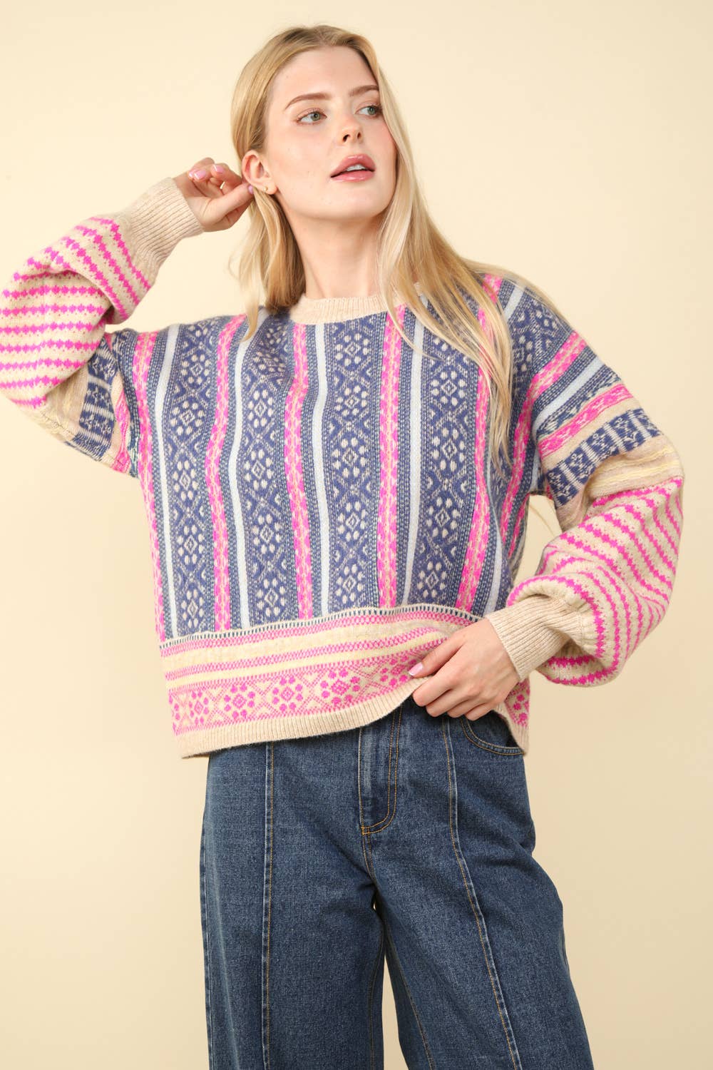 12W3239N-Oversized Cozy Printed Knit Sweater Top: SAGE MIX / S-M-L/2-2-2