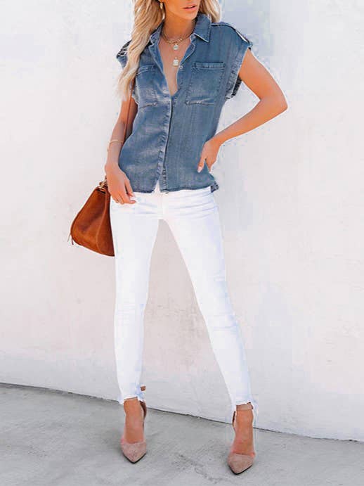 Vintage washed distressed denim sleeveless shirt vest top: Blue / XL
