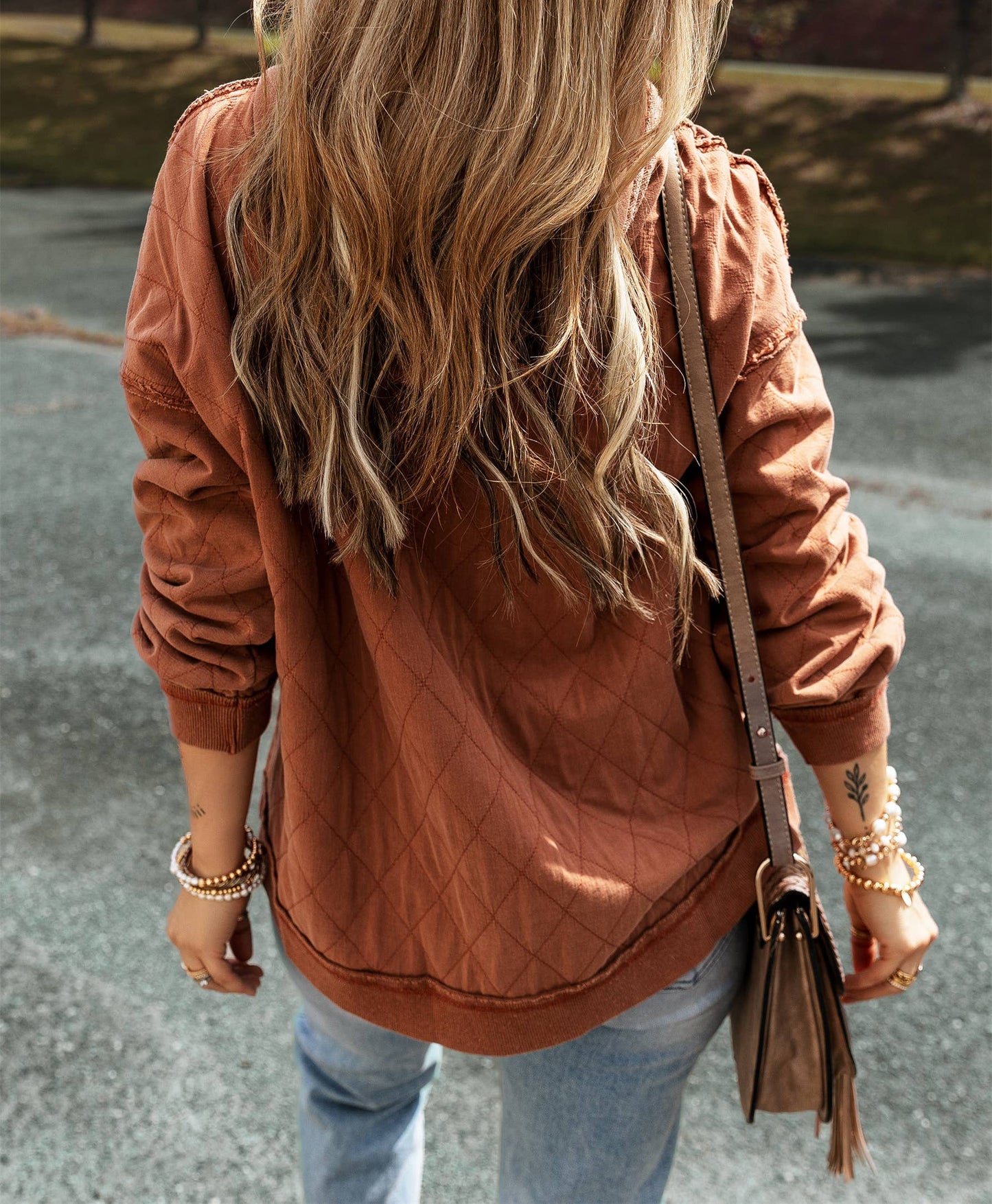 Chestnut Quilted Patchwork Exposed Seam Hoodie: M / AS SHOWN