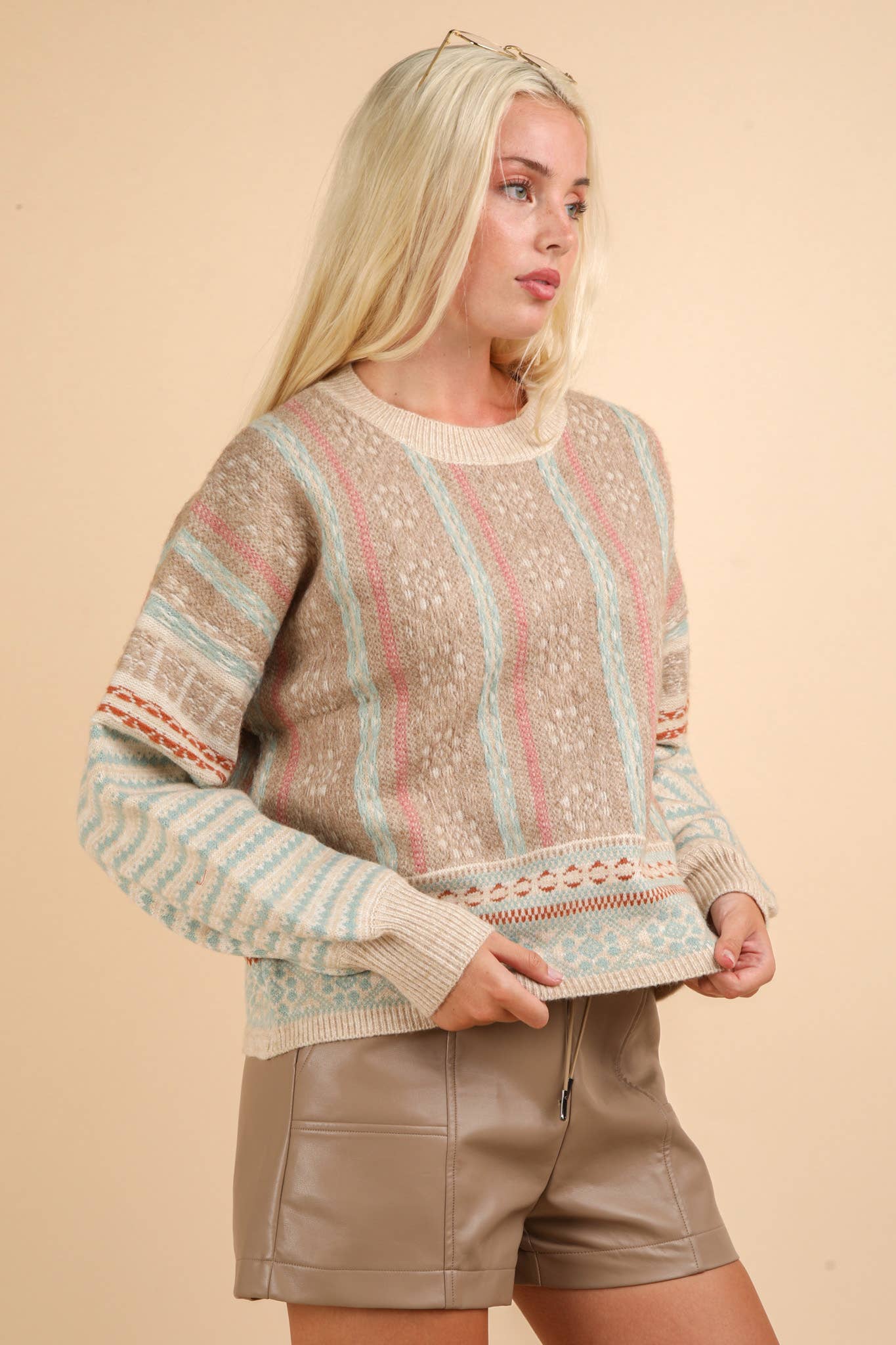 12W3239N-Oversized Cozy Printed Knit Sweater Top: SAGE MIX / S-M-L/2-2-2