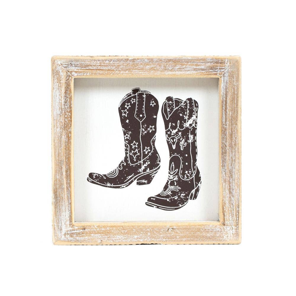 12051 - 5x5 wood frame sign (HAT/BOOTS) Cowboy Home Decor
