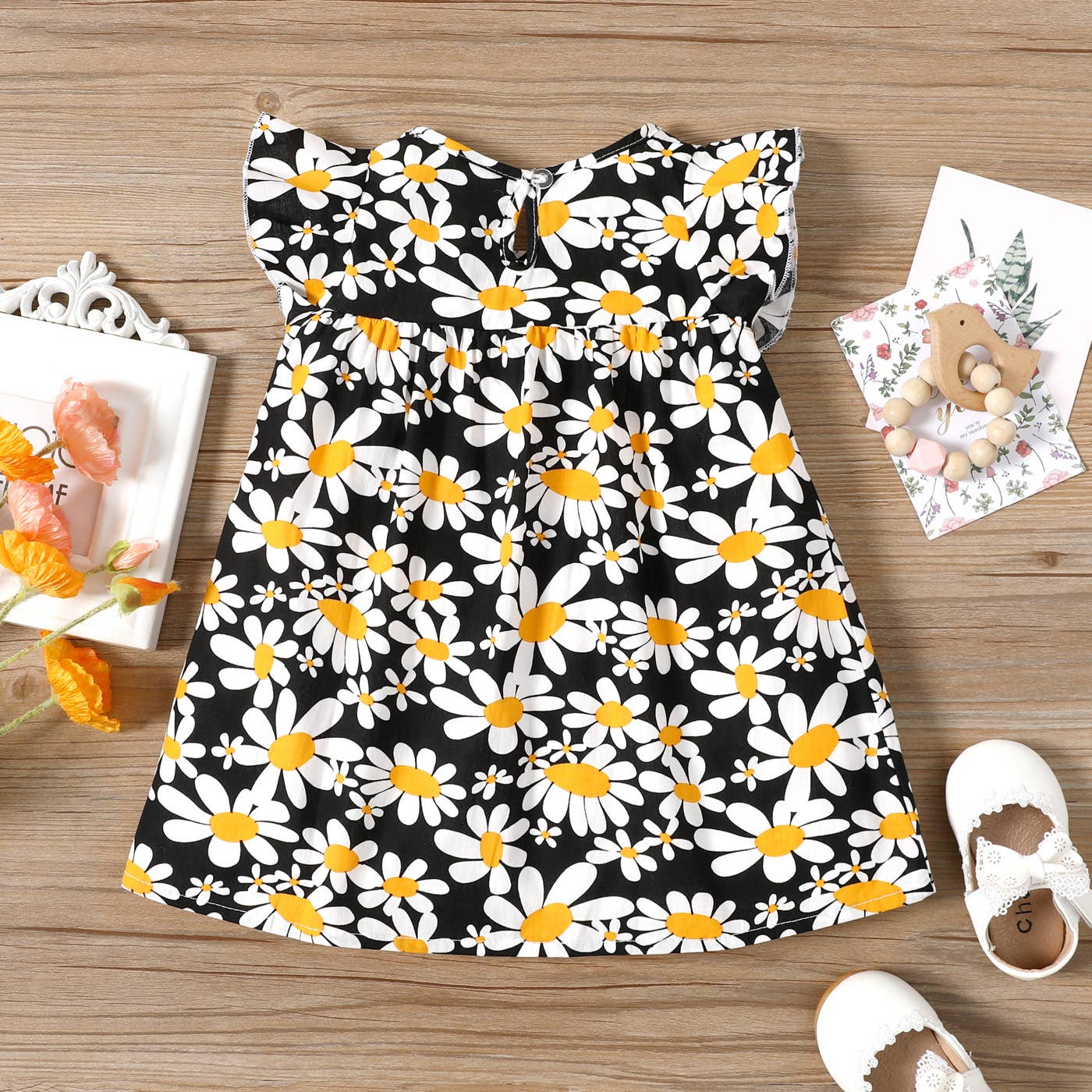 100% Cotton Baby All Over Floral Print Flutter-sleeve Dress: Pink / 12-18 Months