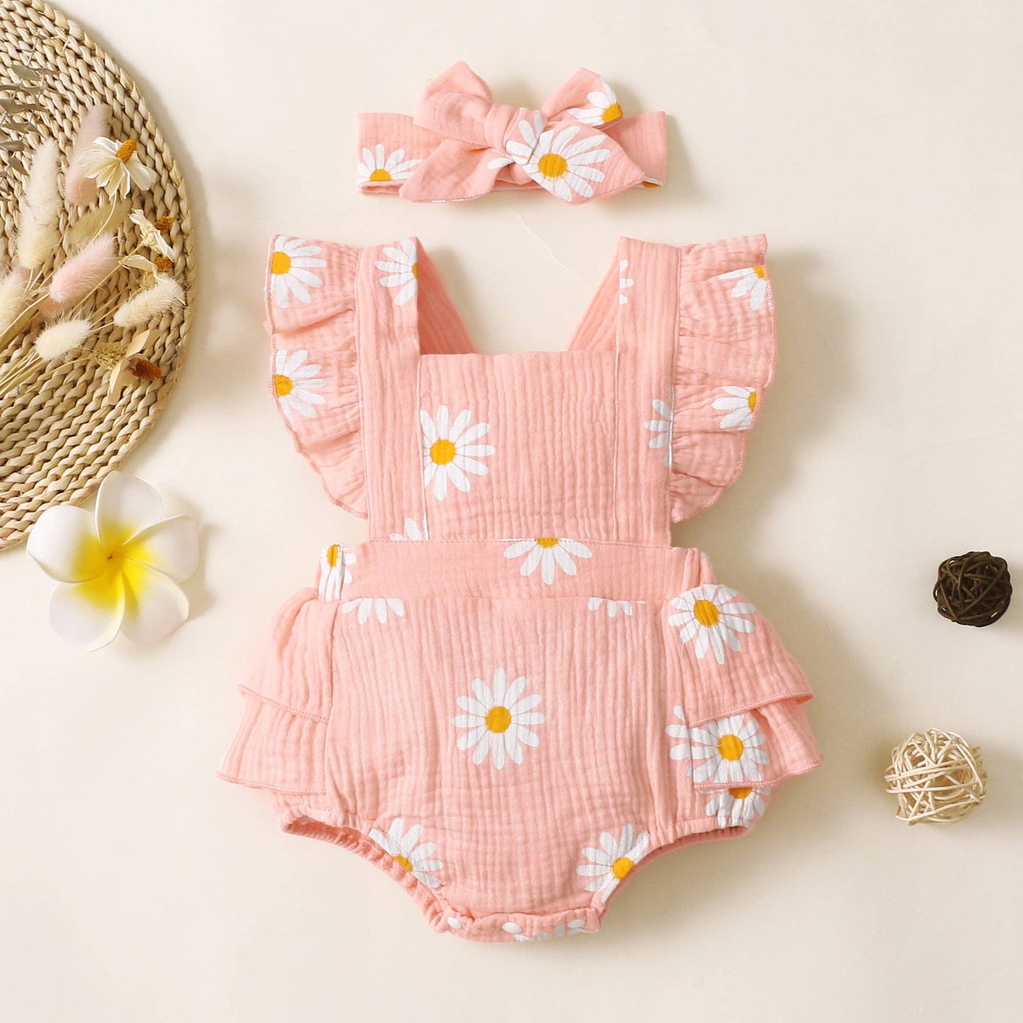 100% Cotton 2pcs Daisy Print Crepe Fabric Baby Romper Set: Pink / 3-6 Months
