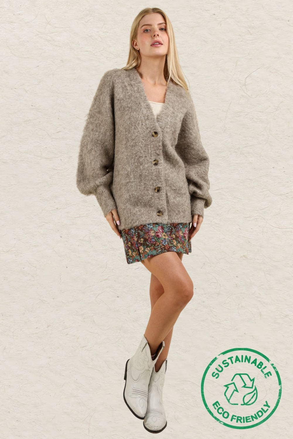 12W3180V-ECO Mohair Button Down Soft Knit Sweater Cardigan: PINK / S-M-L/2-2-2