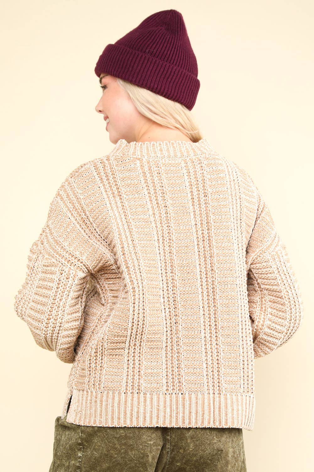 12W3096N-Two Tone Cozy Sweater Knit Top: Red / S-M-L/2-2-2