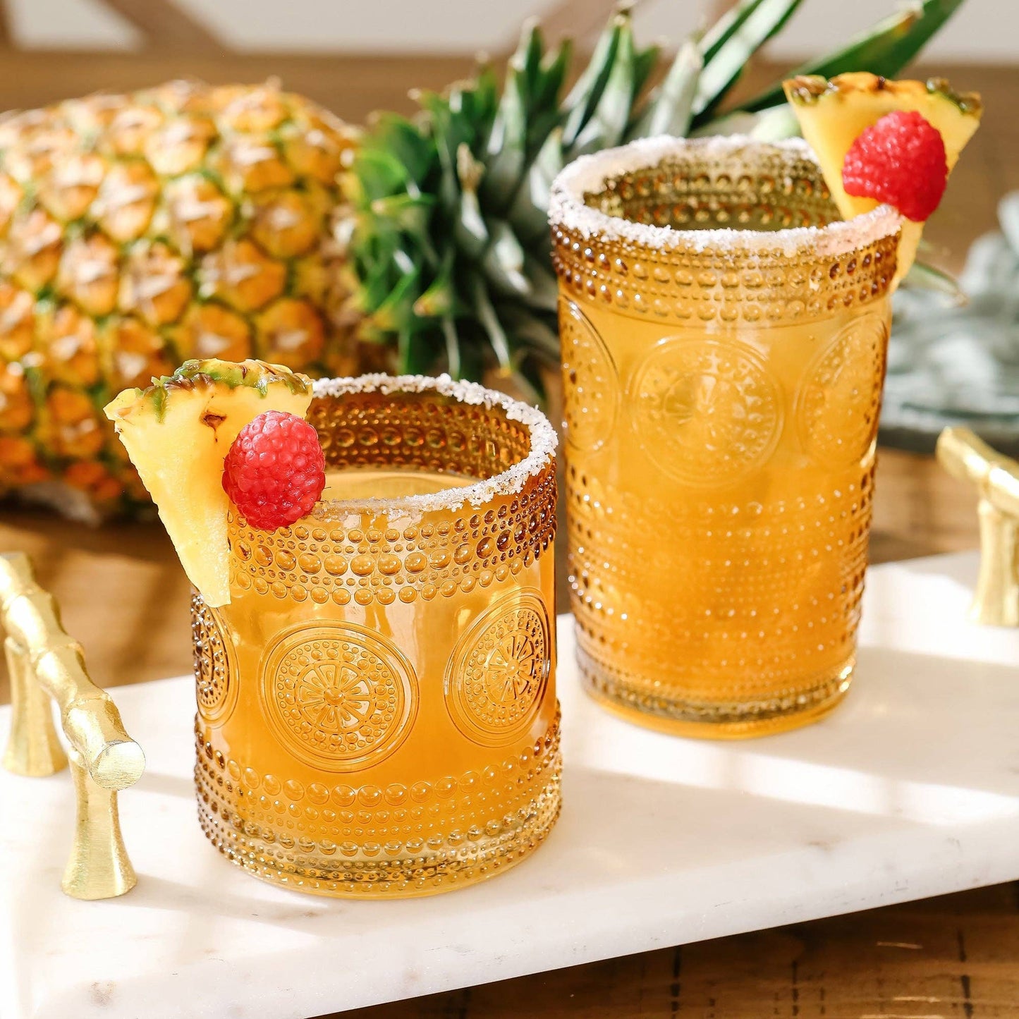 10 oz. Hobnail Beaded Floral Amber Drinking Glasses (Set of