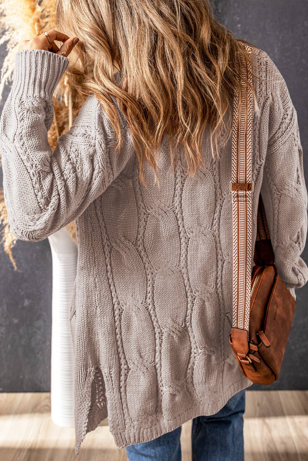 Textured Eyelet Ribbed Cable Knit Cardigan: XL / casual / Brown