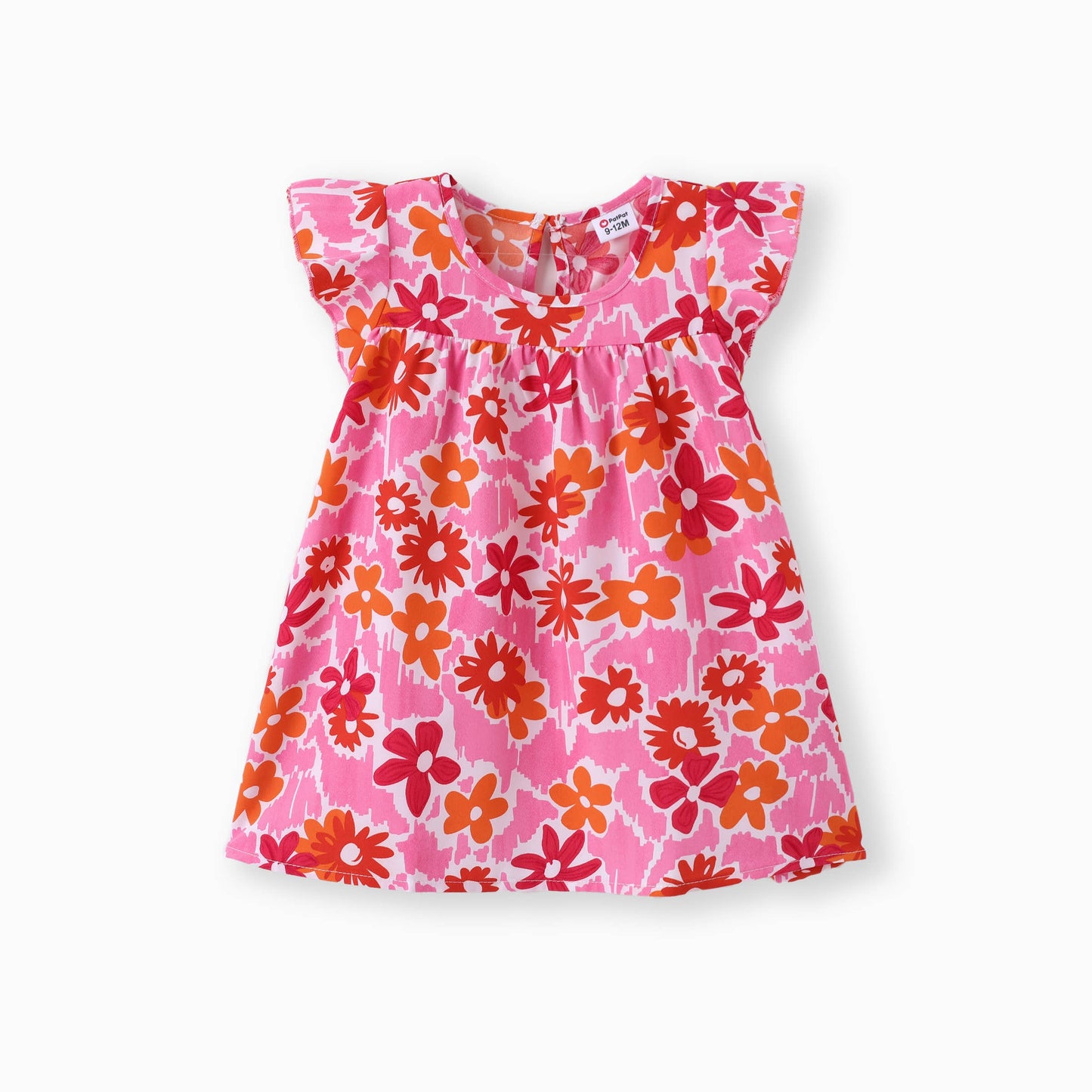100% Cotton Baby All Over Floral Print Flutter-sleeve Dress: Pink / 12-18 Months