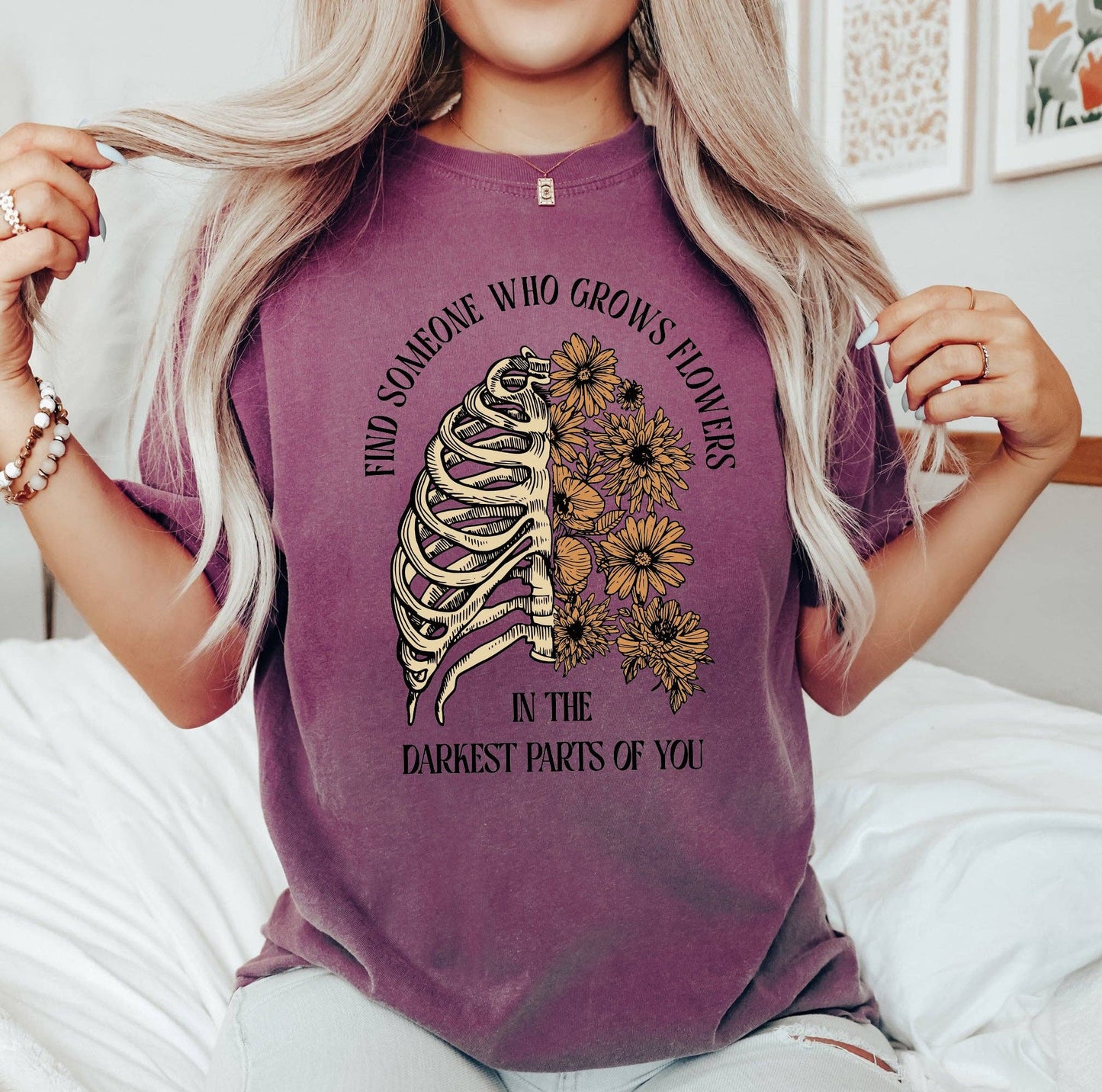 Find Someone Who Grows Flowers, Skeleton, Cowgirl, Tshirt: Medium / Pepper Dark Gray