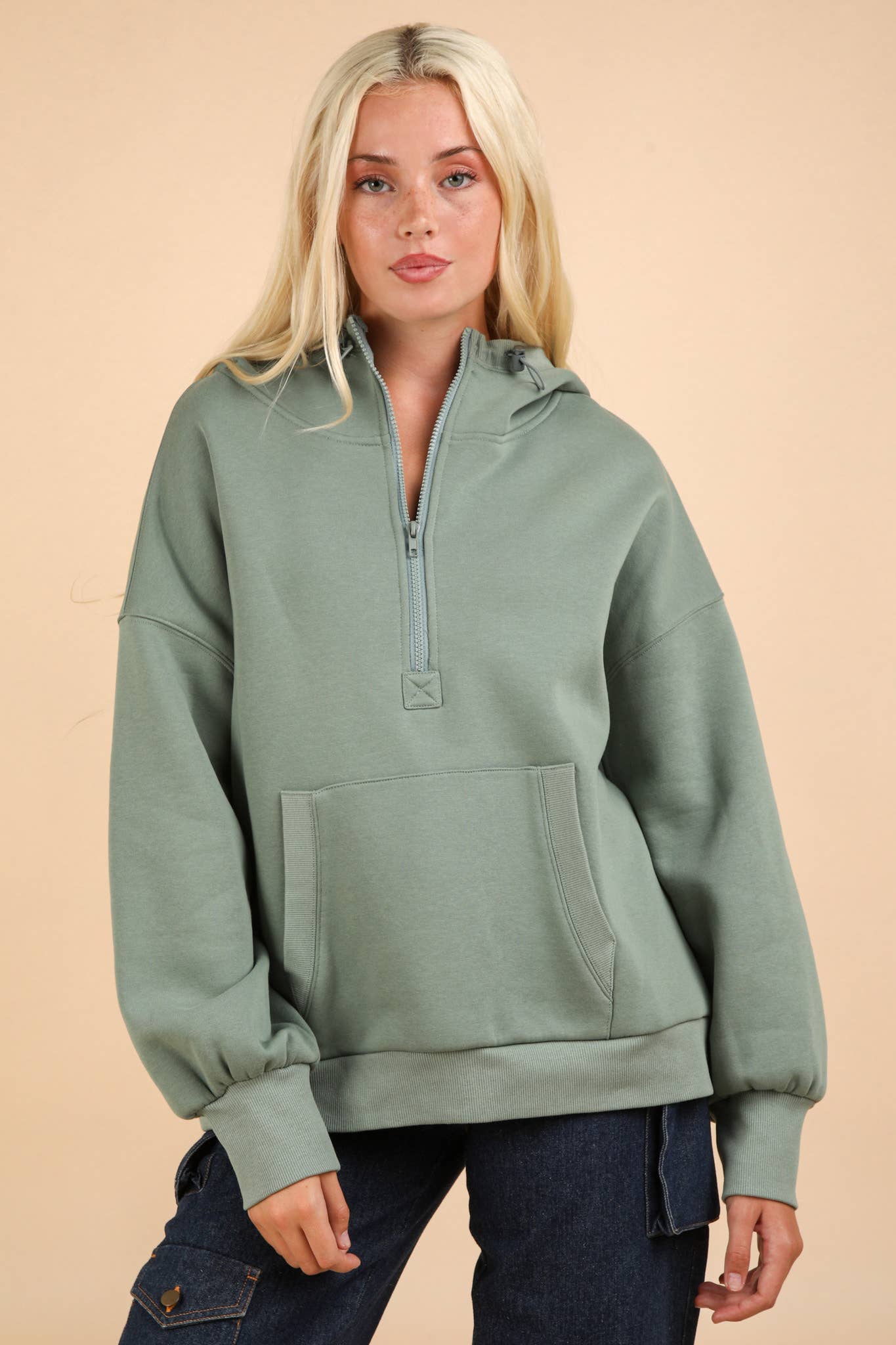 NT11897-Oversized Half Zip Up Knit Casual Hoodie Top: SAGE / S-M-L/2-2-2
