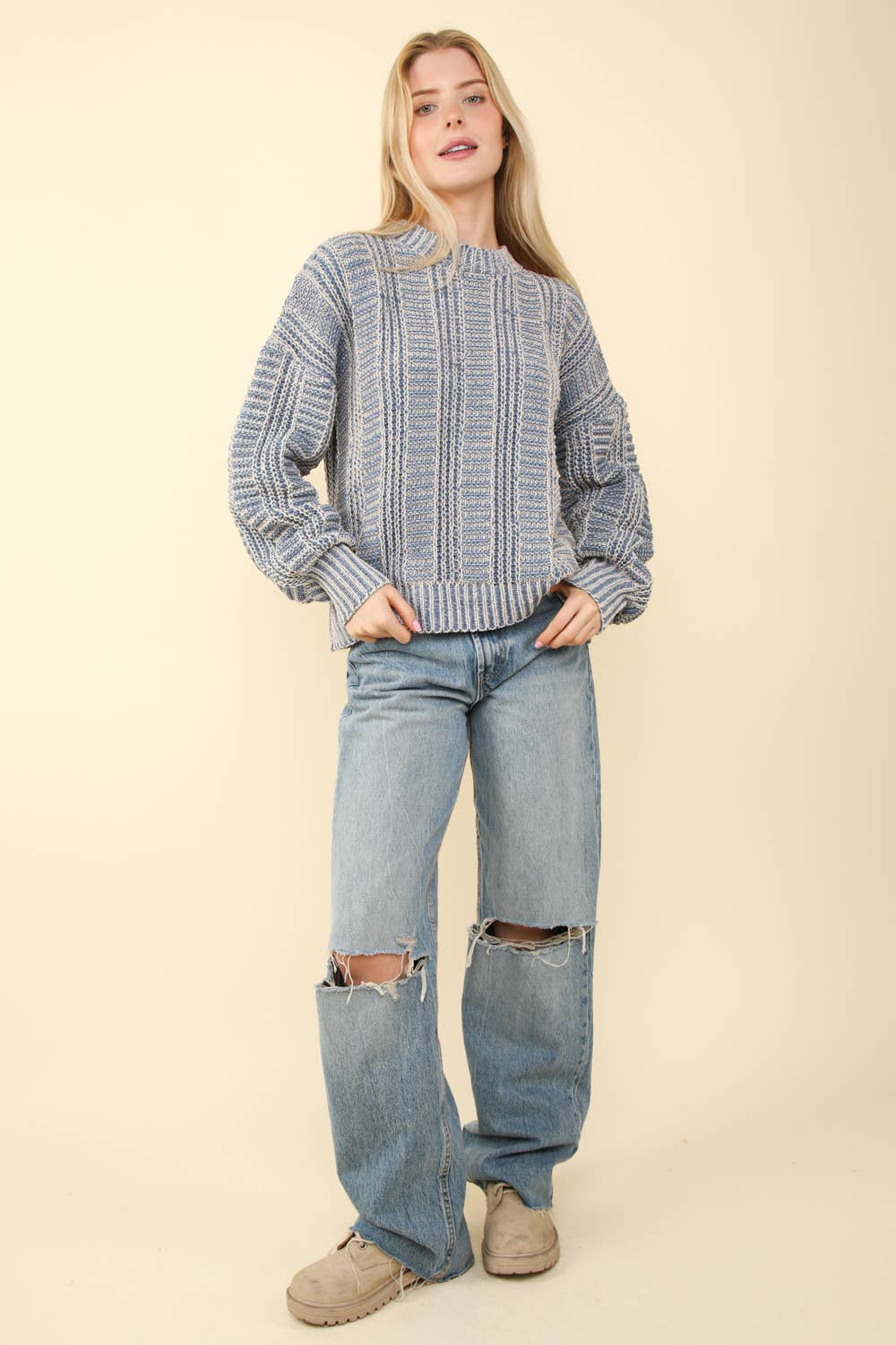 12W3096N-Two Tone Cozy Sweater Knit Top: Red / S-M-L/2-2-2