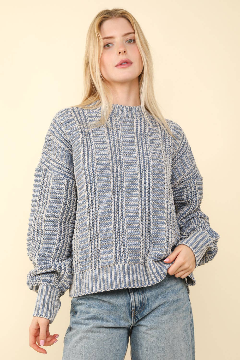 12W3096N-Two Tone Cozy Sweater Knit Top: Red / S-M-L/2-2-2