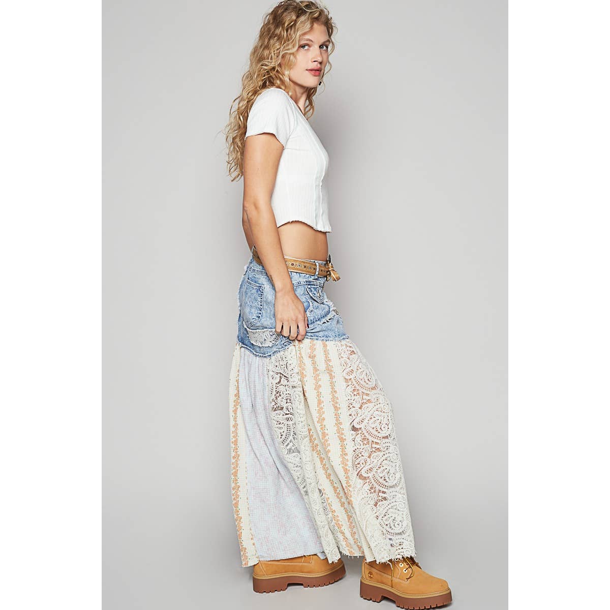 Woven floral print mixed skirt: PINK MULTI / L