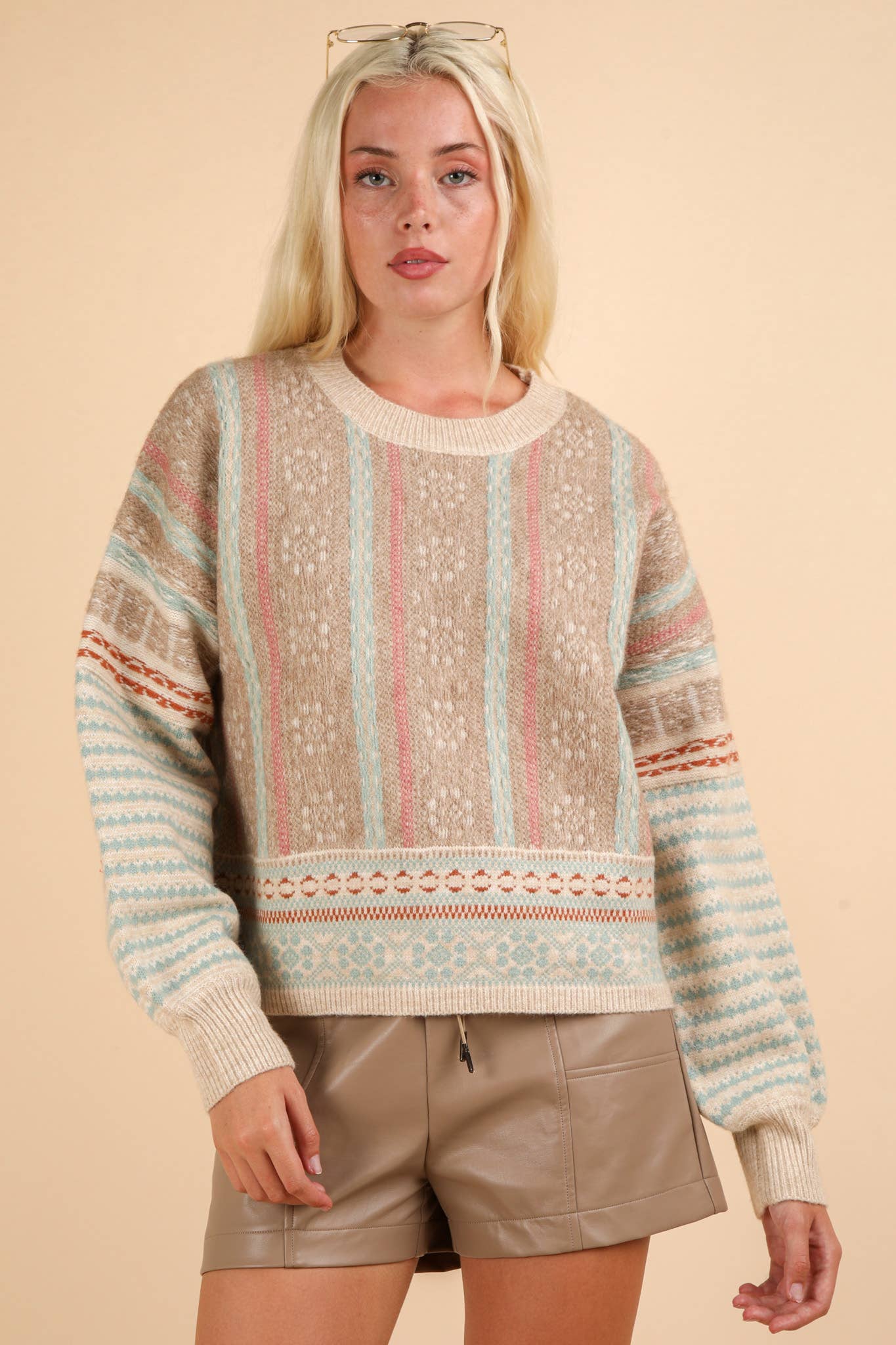 12W3239N-Oversized Cozy Printed Knit Sweater Top: SAGE MIX / S-M-L/2-2-2