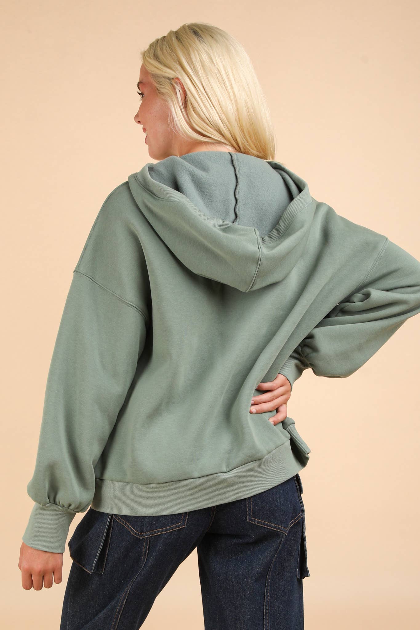 NT11897-Oversized Half Zip Up Knit Casual Hoodie Top: SAGE / S-M-L/2-2-2