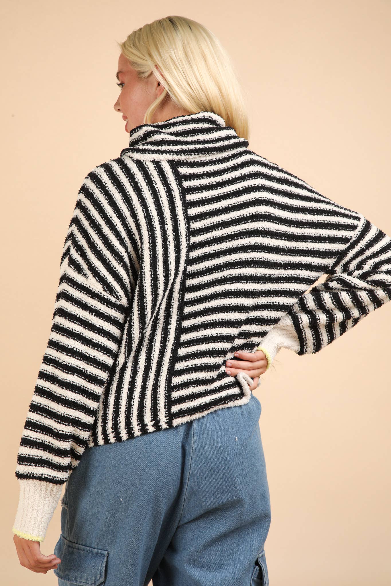 12W3186N-Mock Neck Soft Striped Knit Sweater Top: SAGE / S-M-L/2-2-2