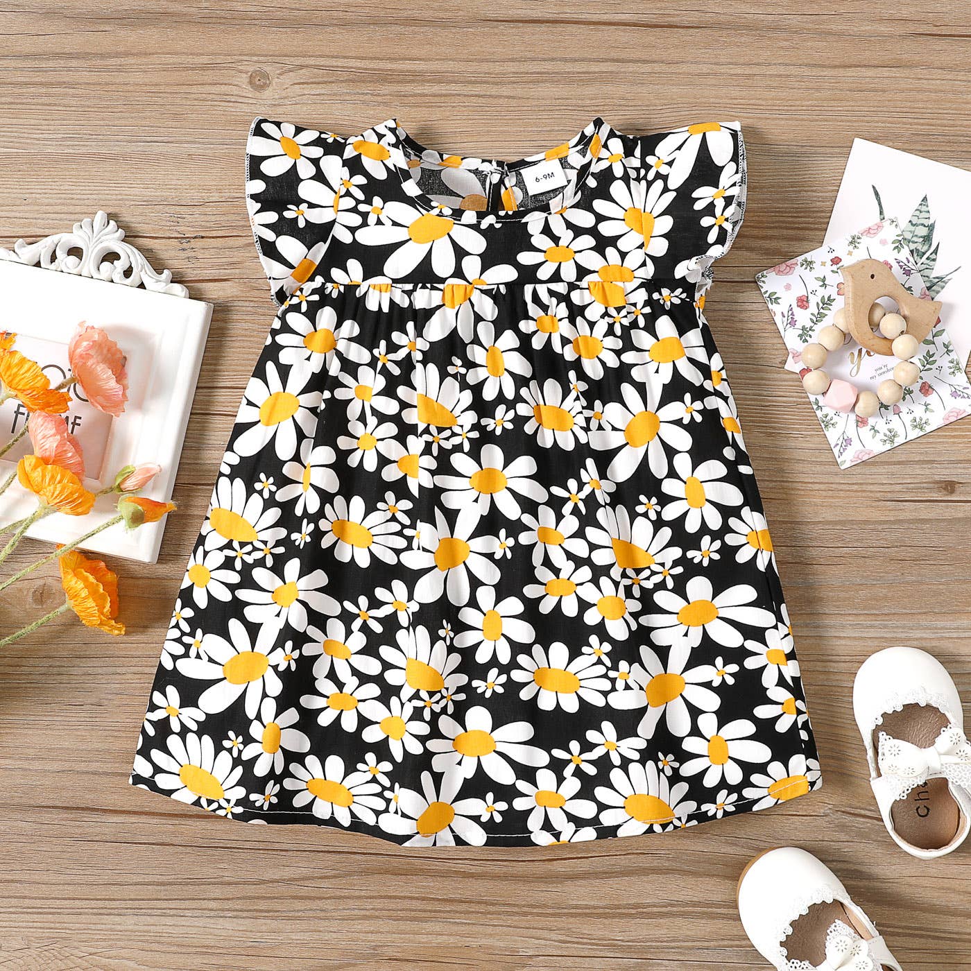 100% Cotton Baby All Over Floral Print Flutter-sleeve Dress: Pink / 12-18 Months