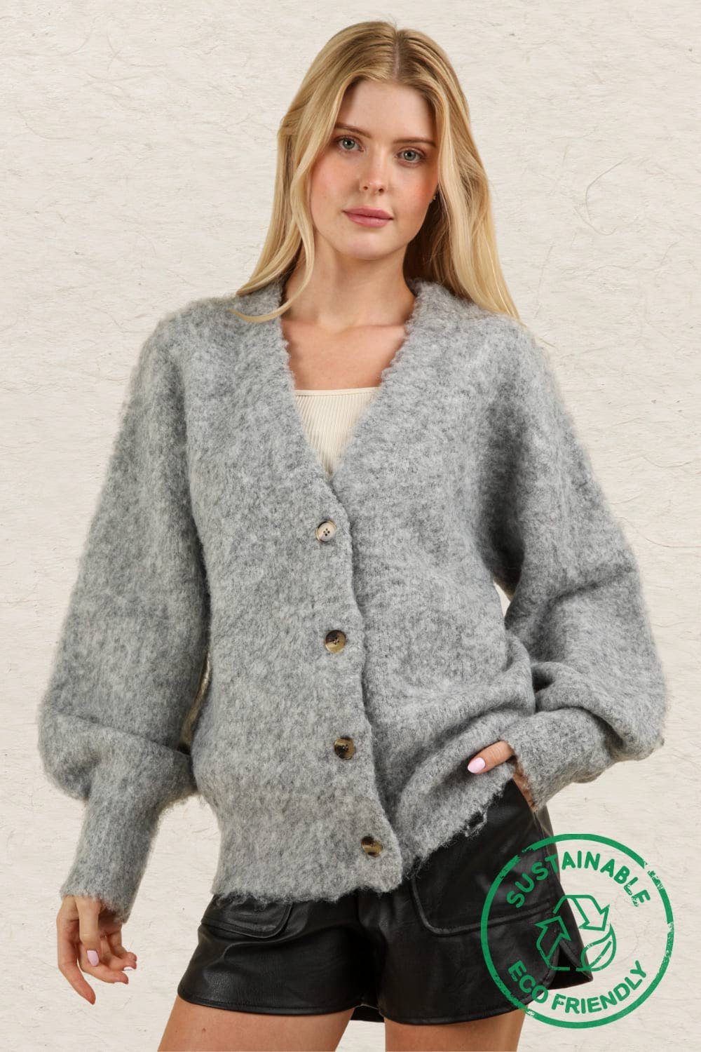 12W3180V-ECO Mohair Button Down Soft Knit Sweater Cardigan: PINK / S-M-L/2-2-2