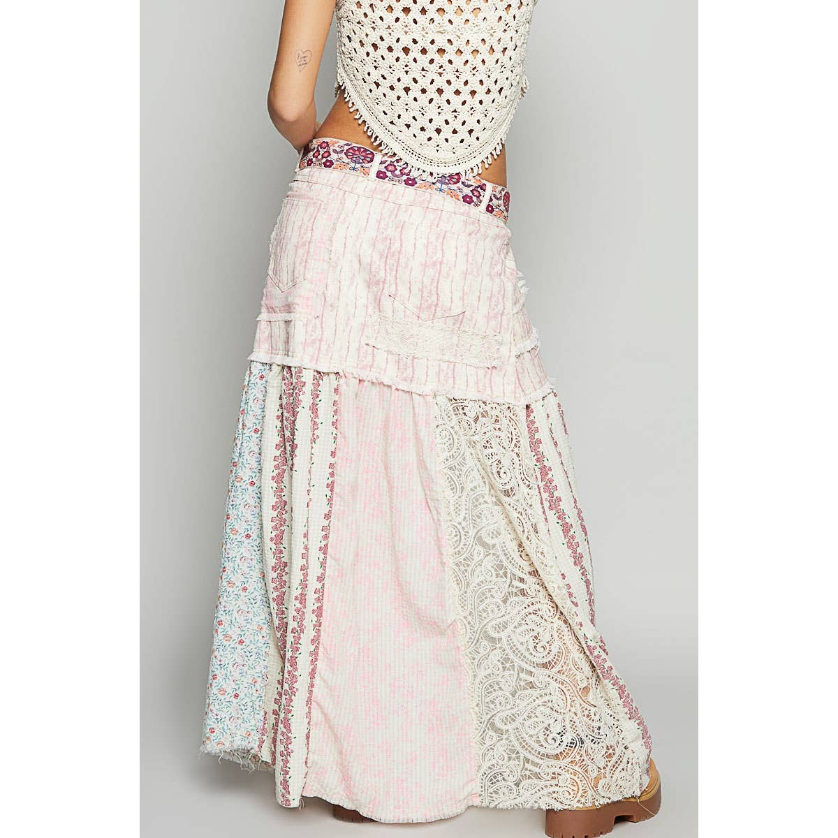Woven floral print mixed skirt: PINK MULTI / L