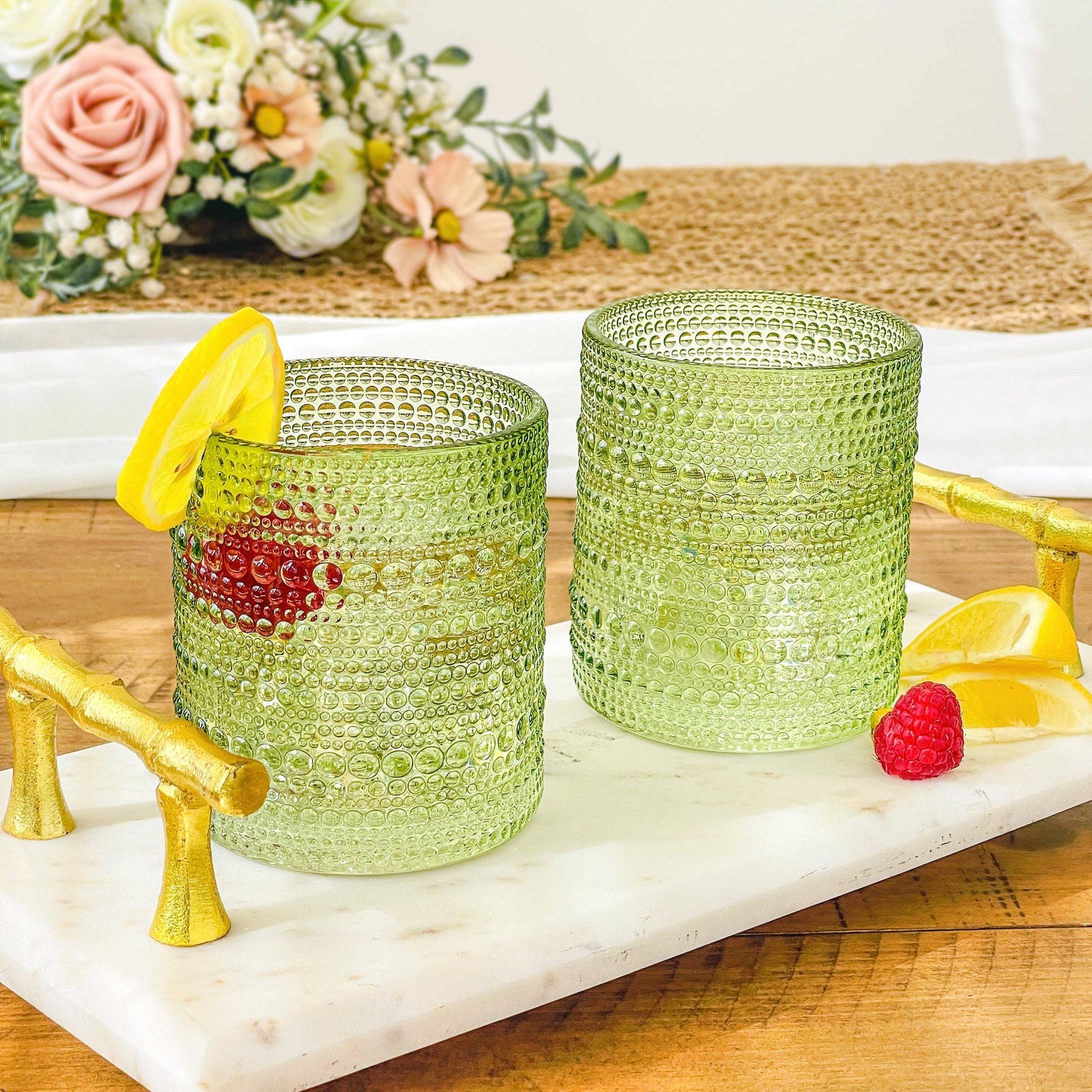 10 oz Beaded Sage Green Old Fashion Drinking Glass Set of 6