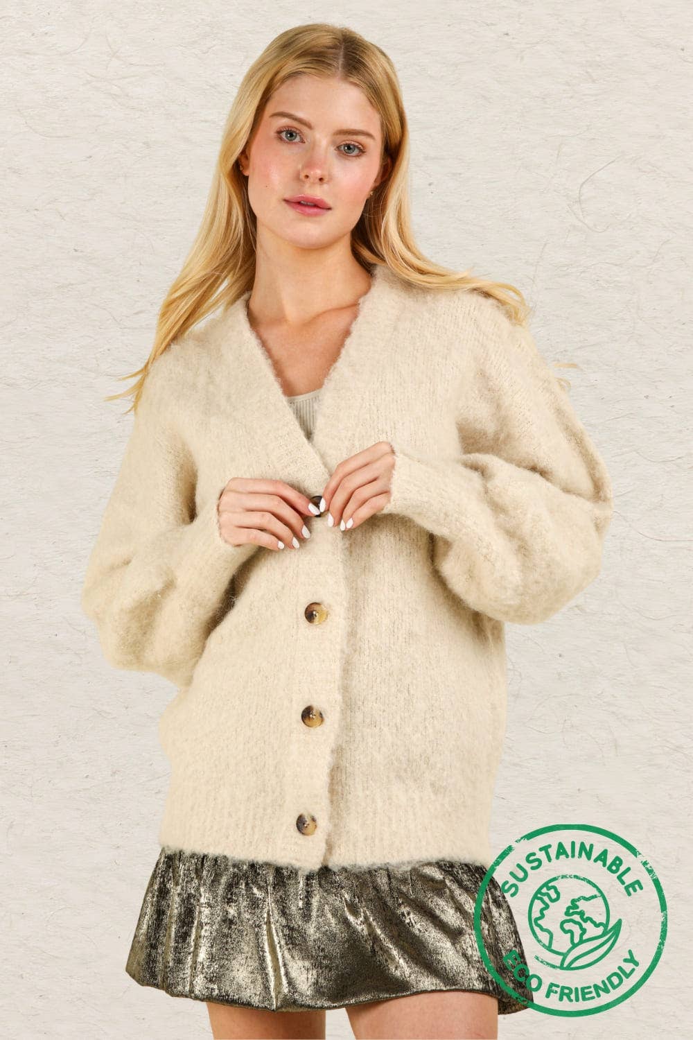 12W3180V-ECO Mohair Button Down Soft Knit Sweater Cardigan: PINK / S-M-L/2-2-2