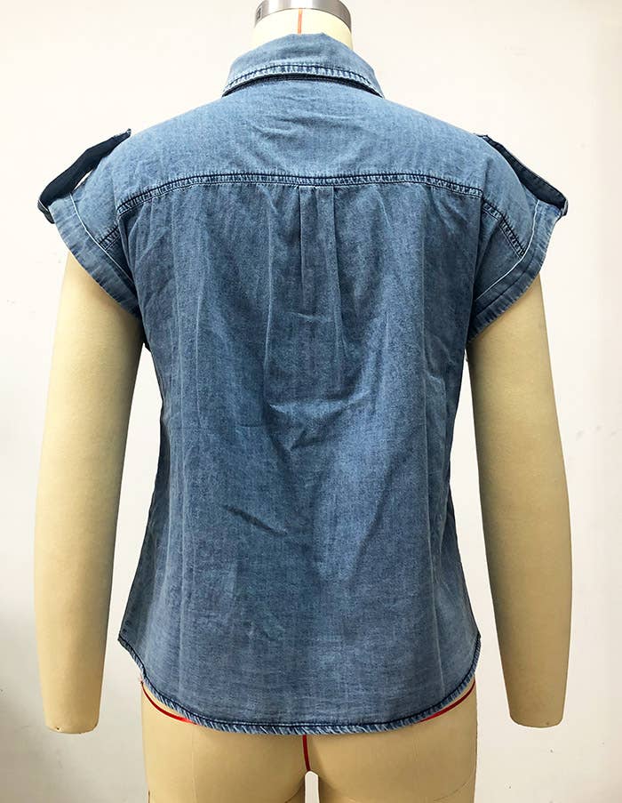 Vintage washed distressed denim sleeveless shirt vest top: Blue / XL