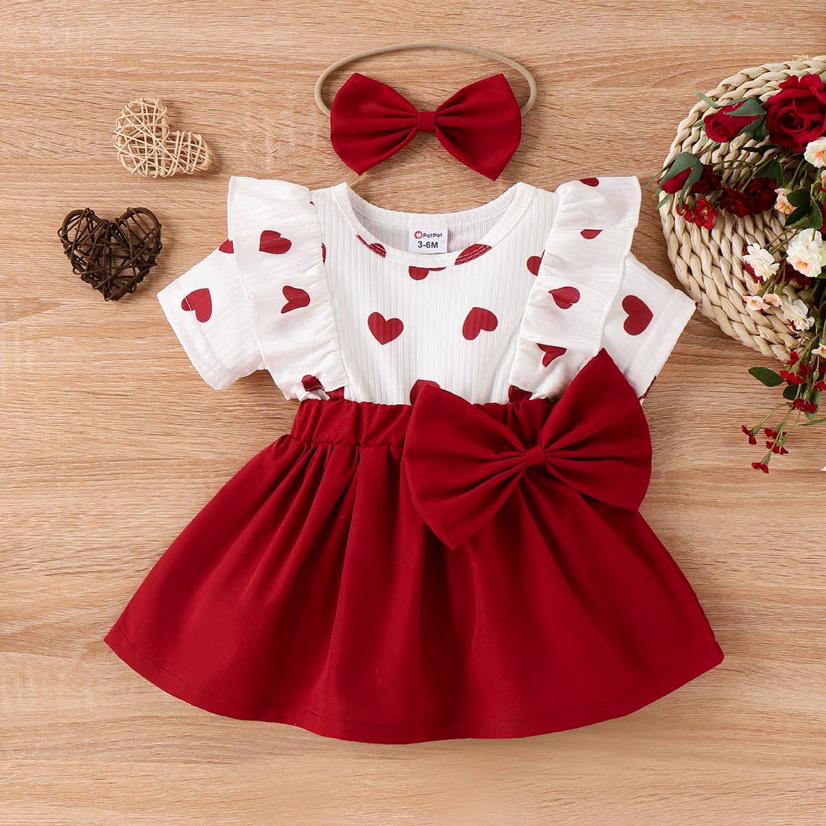 2pcs Baby Heart Print Ruffled Faux-two Bow Front Dress Set: Green / 18-24M