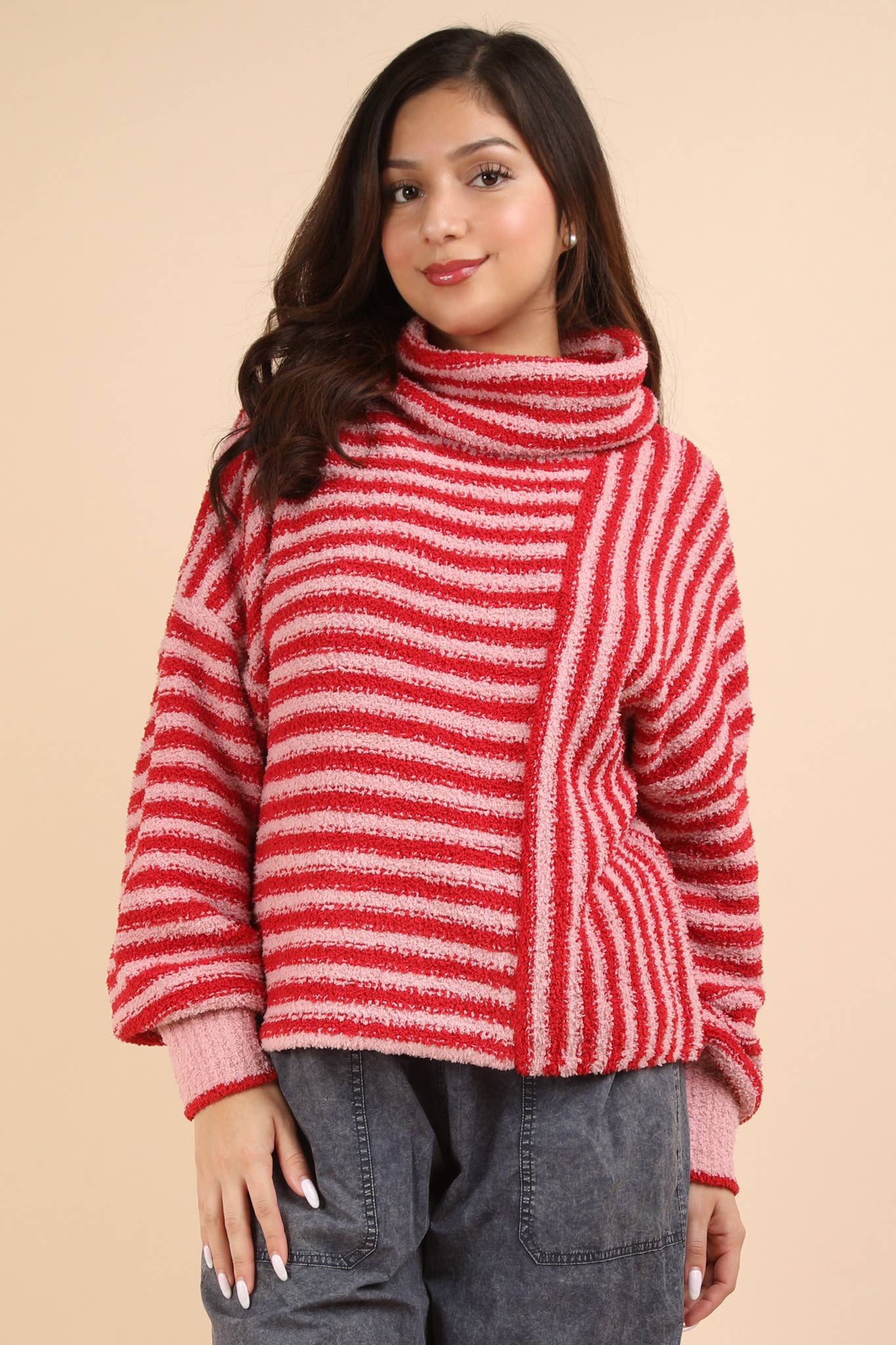 12W3186N-Mock Neck Soft Striped Knit Sweater Top: SAGE / S-M-L/2-2-2