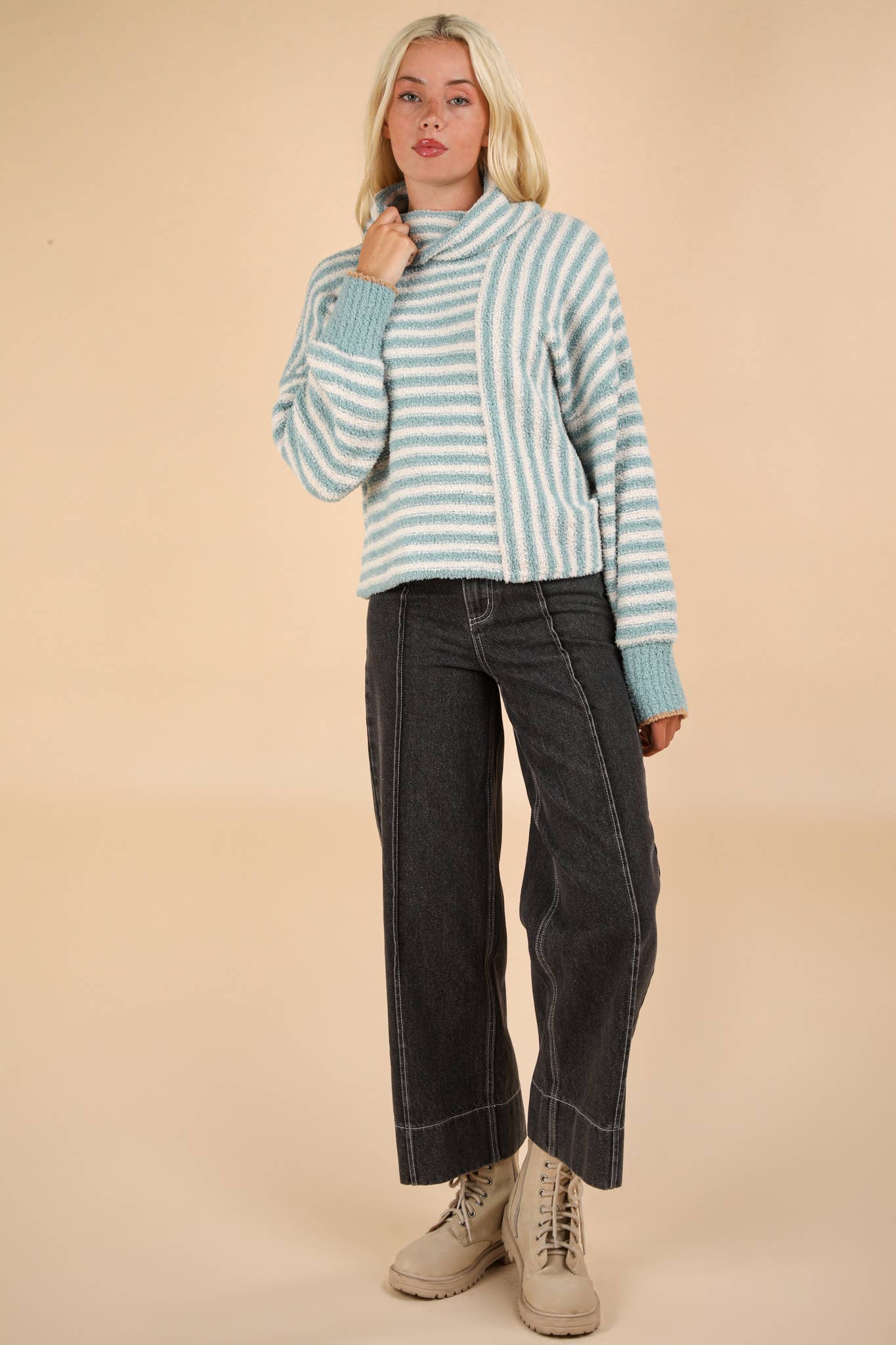 12W3186N-Mock Neck Soft Striped Knit Sweater Top: SAGE / S-M-L/2-2-2