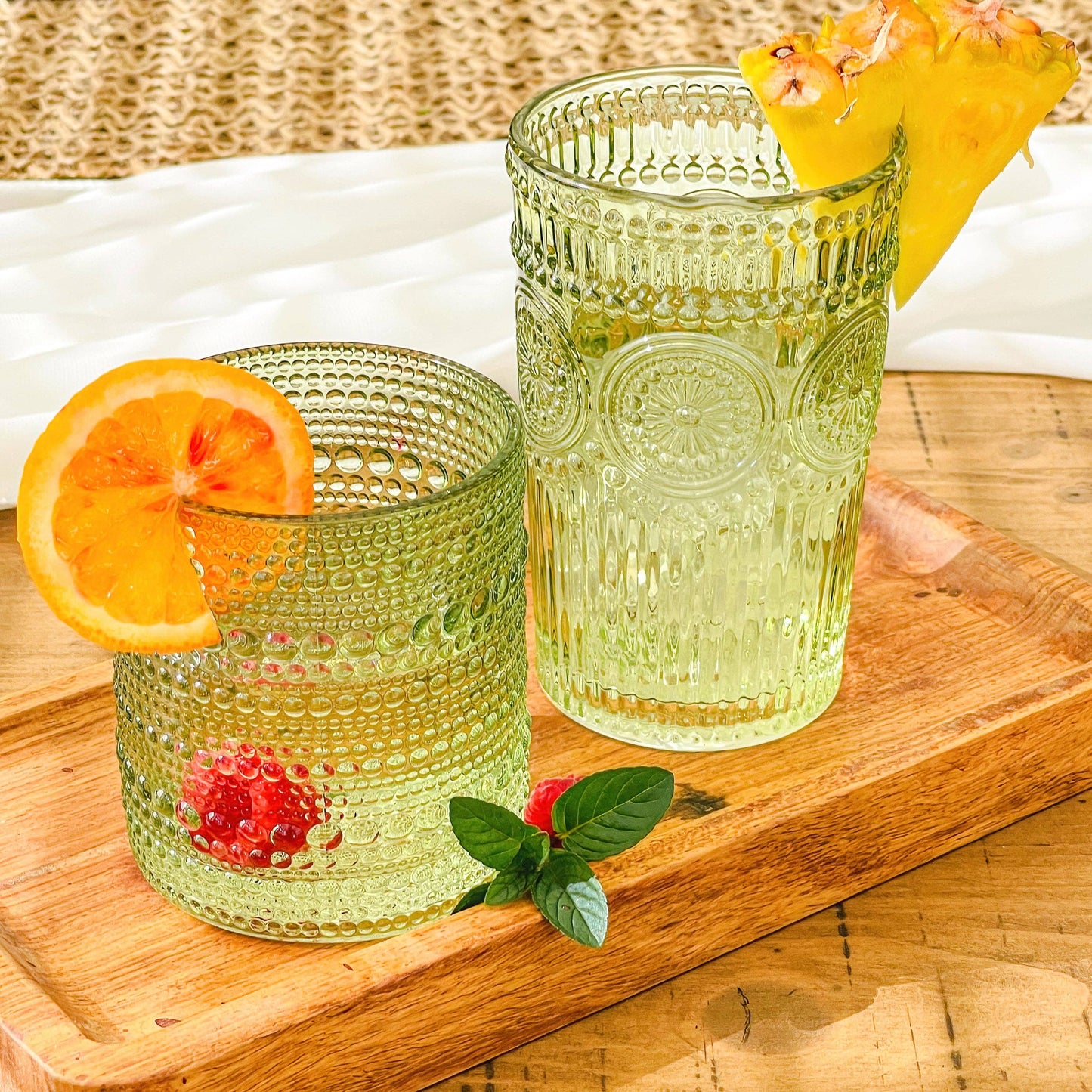 10 oz Beaded Sage Green Old Fashion Drinking Glass Set of 6