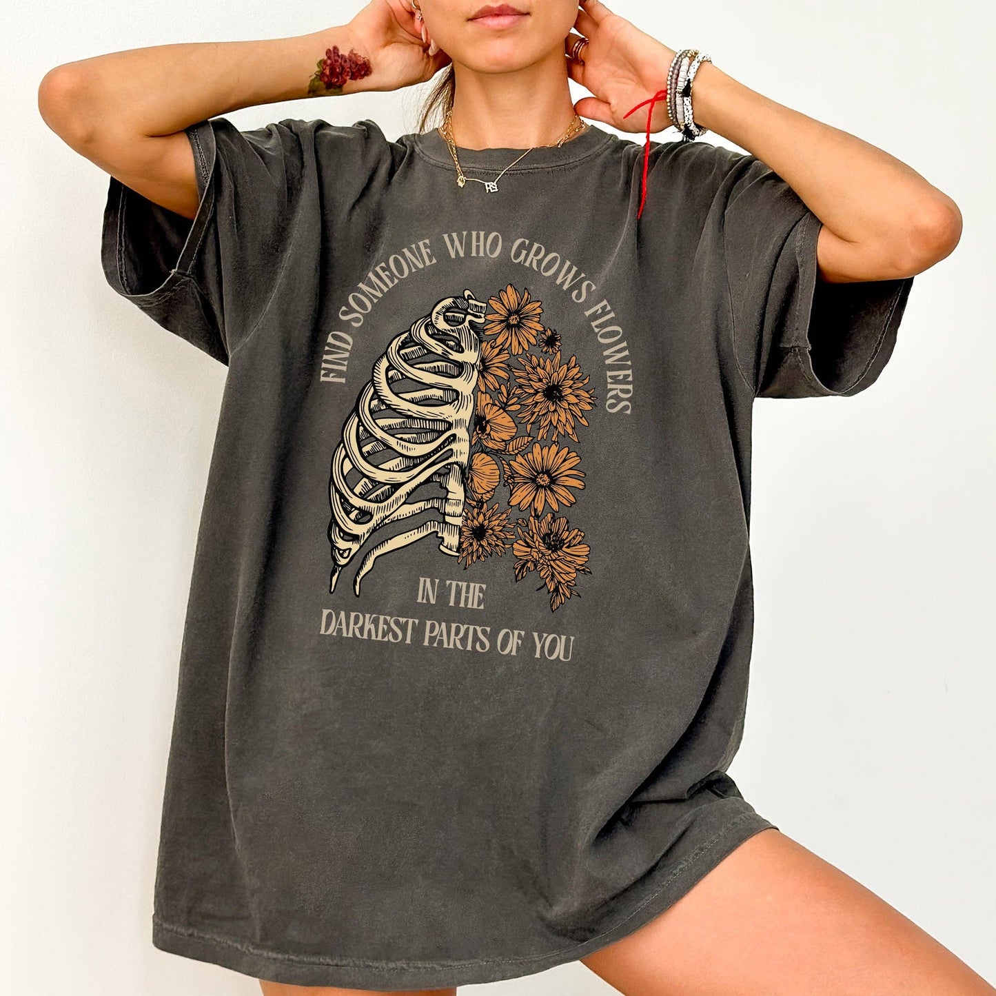 Find Someone Who Grows Flowers, Skeleton, Cowgirl, Tshirt: Medium / Pepper Dark Gray