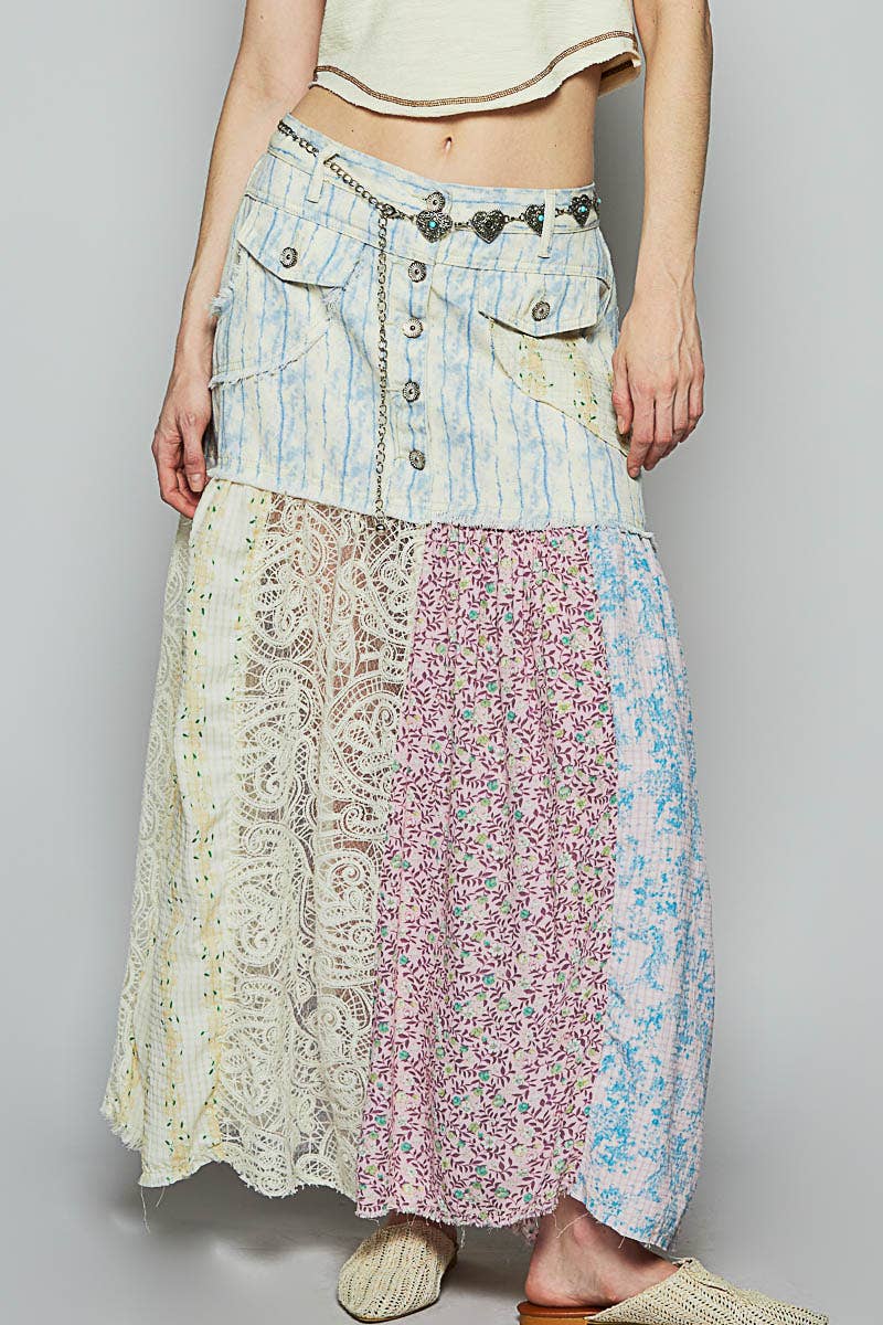 Woven floral print mixed skirt: PINK MULTI / L