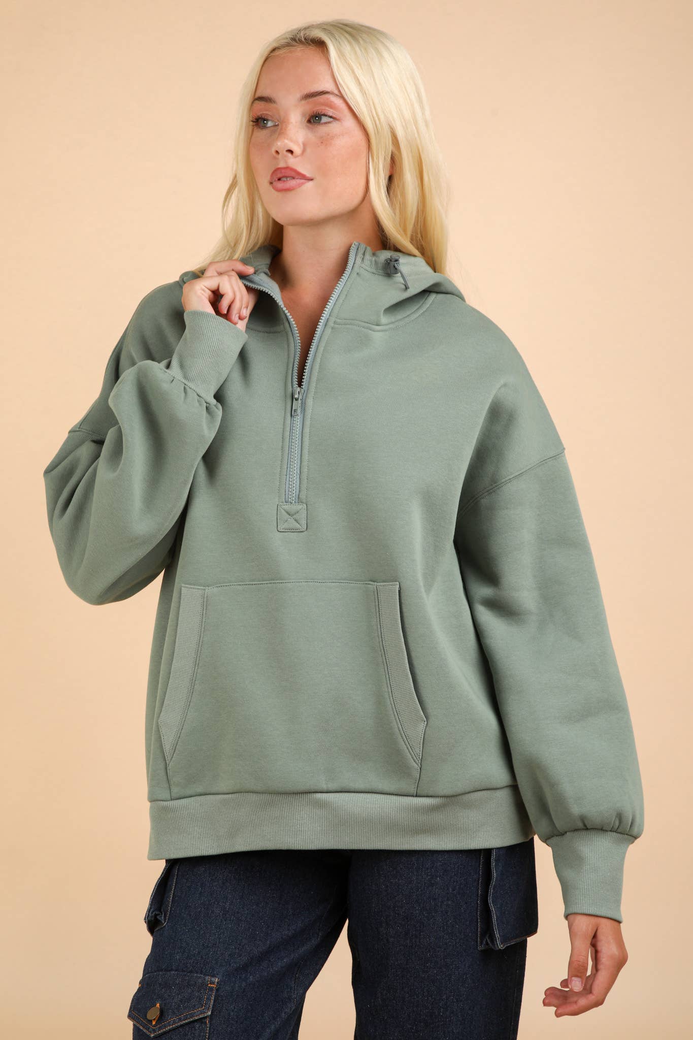 NT11897-Oversized Half Zip Up Knit Casual Hoodie Top: SAGE / S-M-L/2-2-2