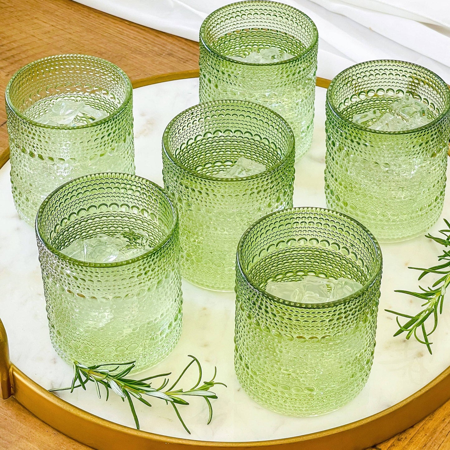 10 oz Beaded Sage Green Old Fashion Drinking Glass Set of 6