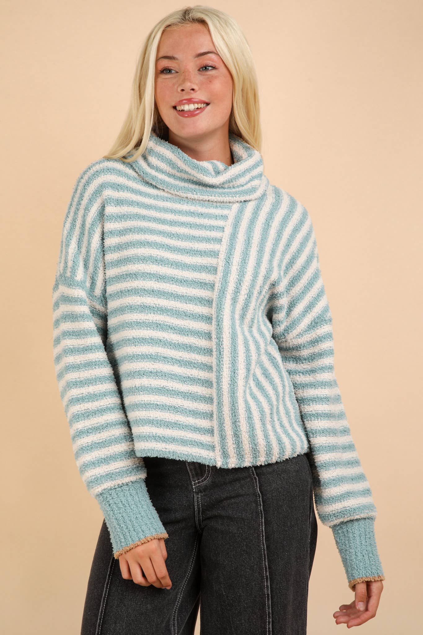 12W3186N-Mock Neck Soft Striped Knit Sweater Top: SAGE / S-M-L/2-2-2