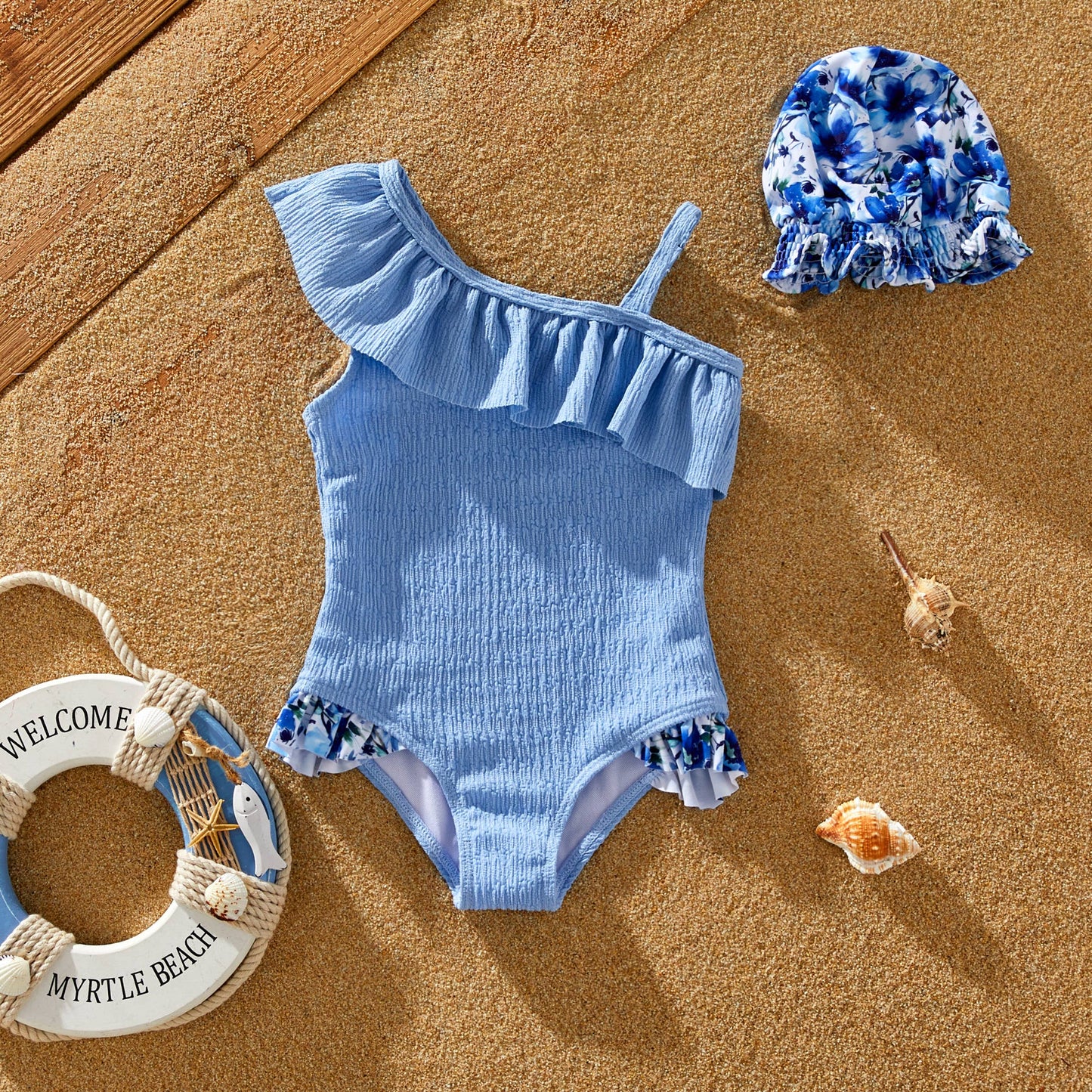 2pcs Toddler Girl Solid Color Sweet Ruffle Swimsuit: Blue / 3-4 Years
