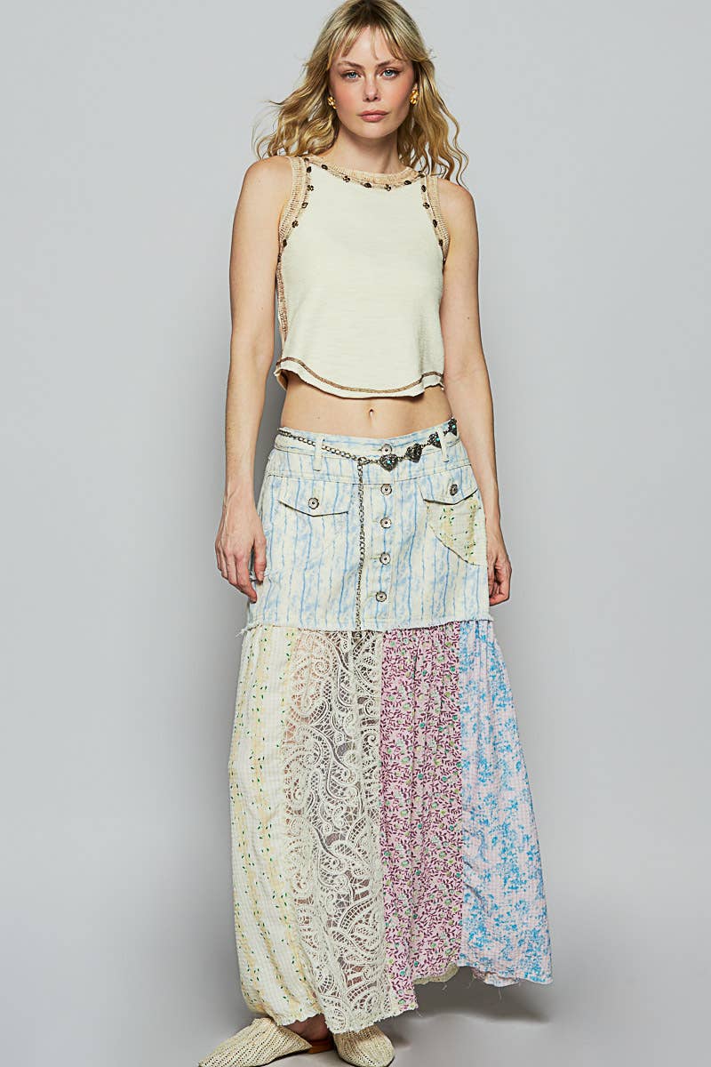 Woven floral print mixed skirt: PINK MULTI / L