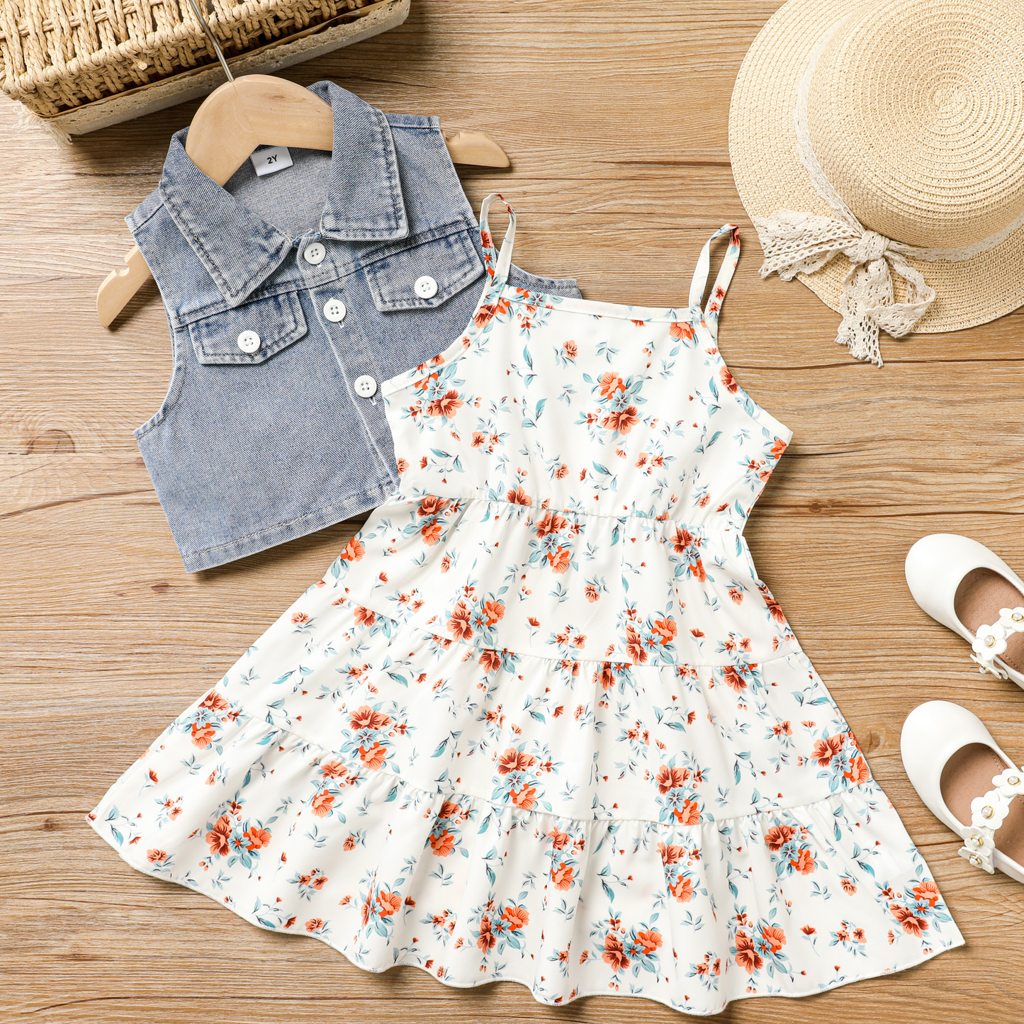 2pcs Toddler Girl Sweet Denim Vest and Floral Dress Set: Blue / 3 Years