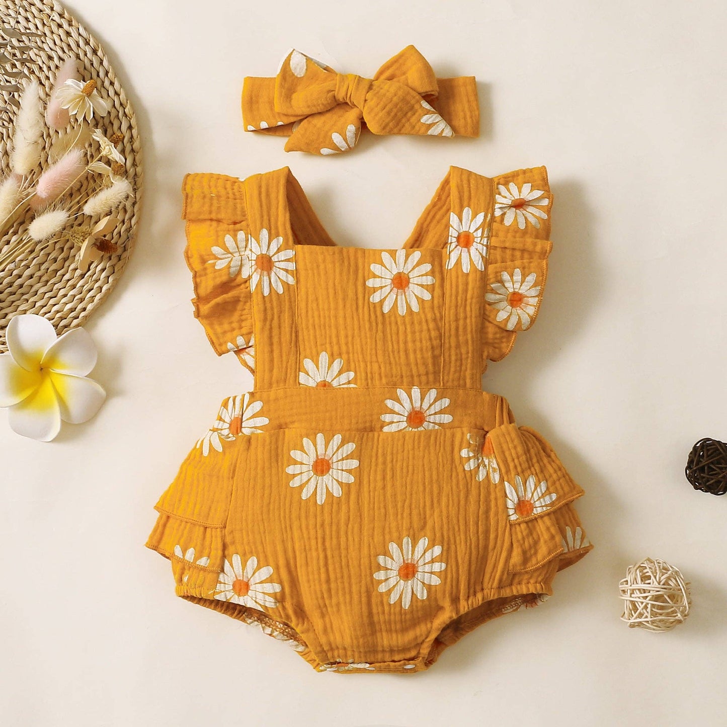 100% Cotton 2pcs Daisy Print Crepe Fabric Baby Romper Set: Pink / 3-6 Months
