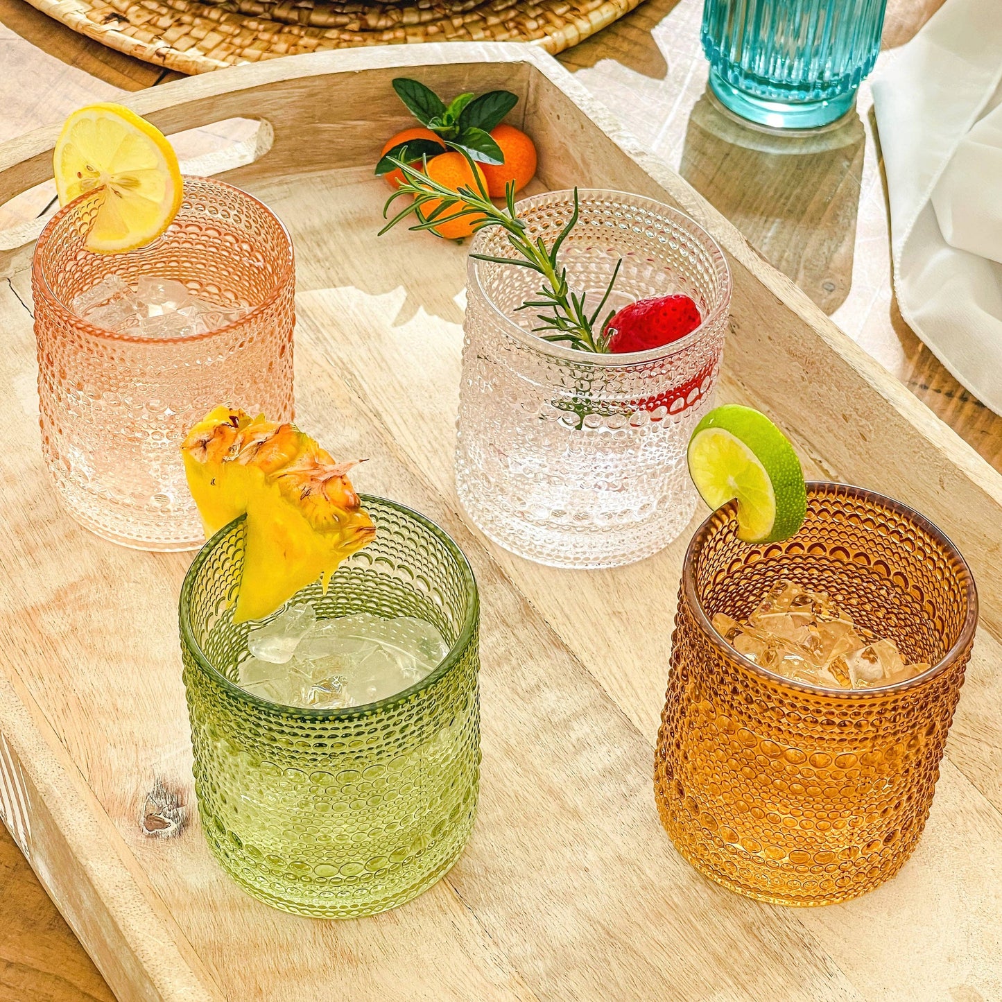 10 oz Beaded Sage Green Old Fashion Drinking Glass Set of 6