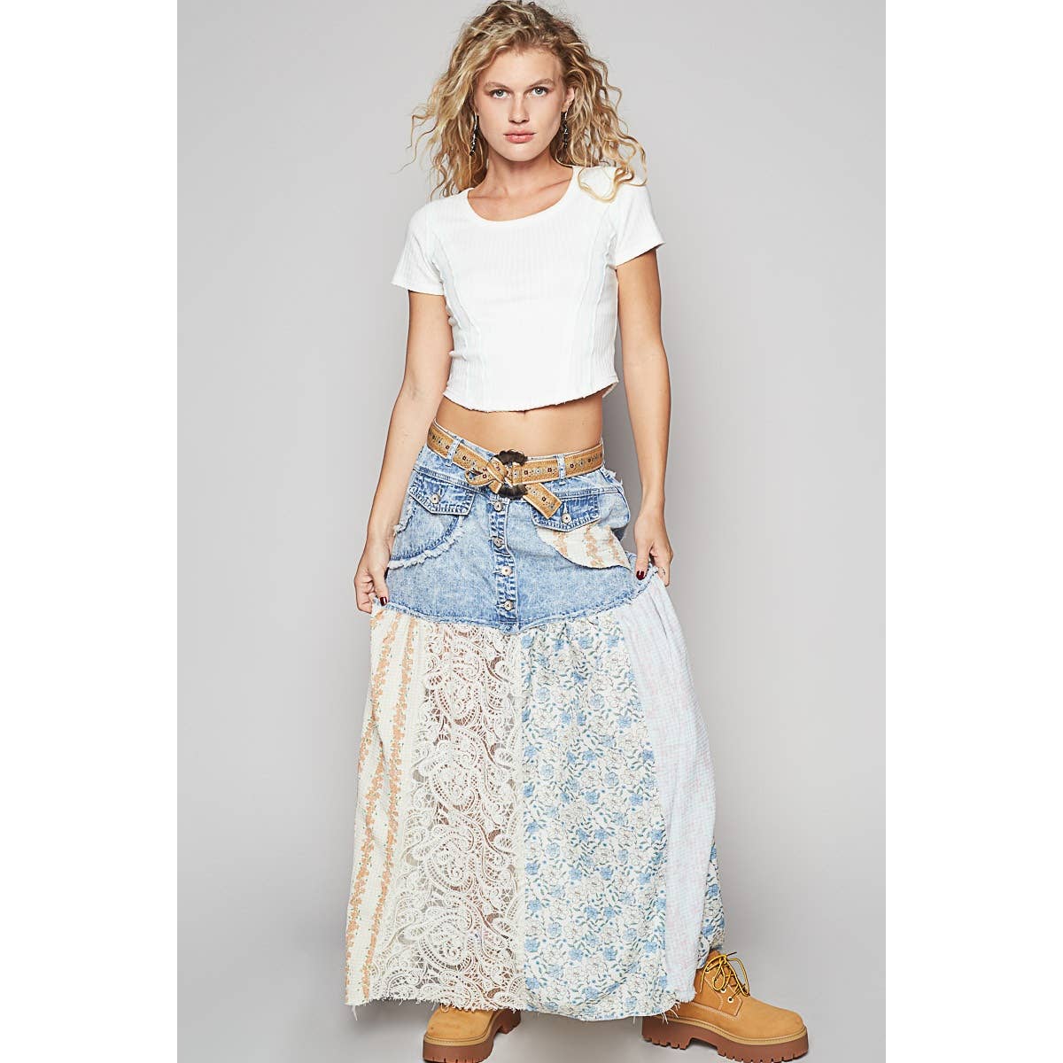 Woven floral print mixed skirt: PINK MULTI / S
